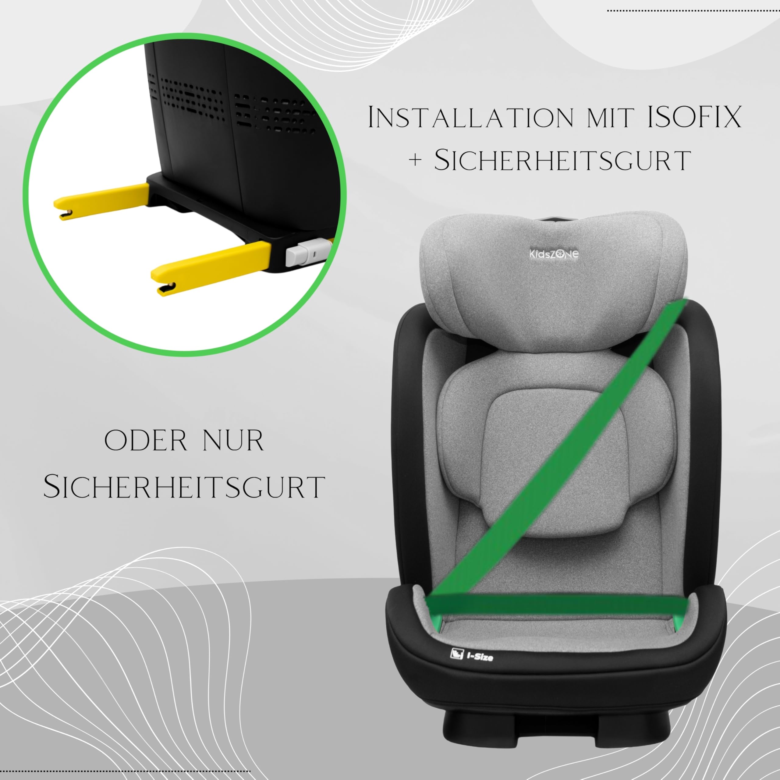 KidsZone Kindersitz 15–36 kg mit Isofix – Kinderautositz Gruppe 2/3, 100–150 cm – Kindersitz ab 4 Jahre i-Size ECE R129 – 7-stufige Neigung, 9-stufige Kopfstütze, waschbarer Bezug