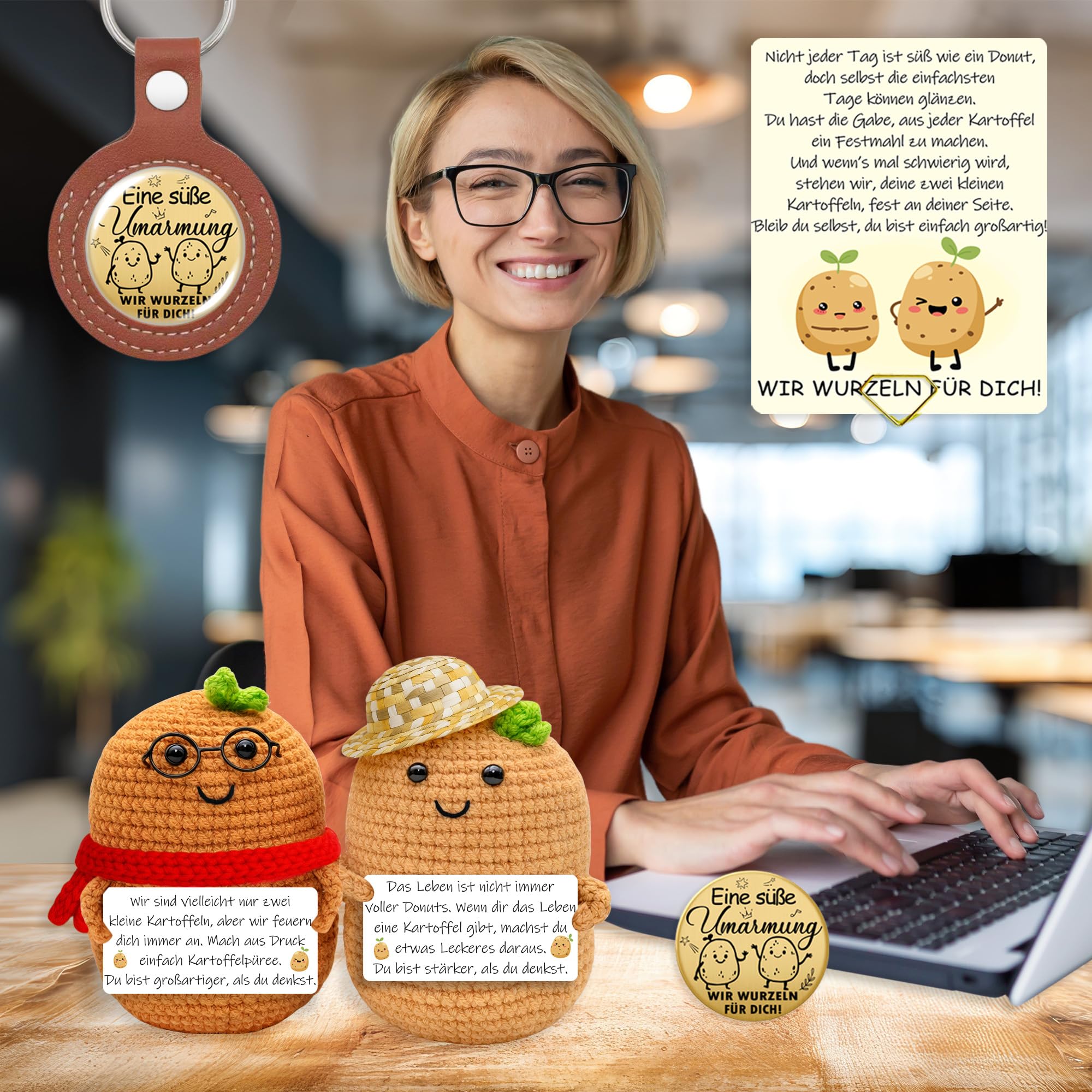 Pack of 2 Pocket Hug Positive Potatoes, Funny Knitting Wool Potatoes with Small Hug, Lucky Charm - Image 2