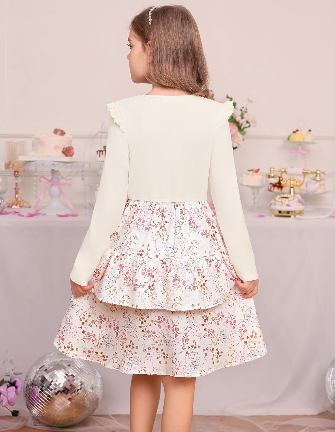 GRACE KARIN Girls Fall Long Sleeve Dresses Girl Floral Midi Dress Kids Casual Holiday Dresses with Belt Size 6-13 - Image 3