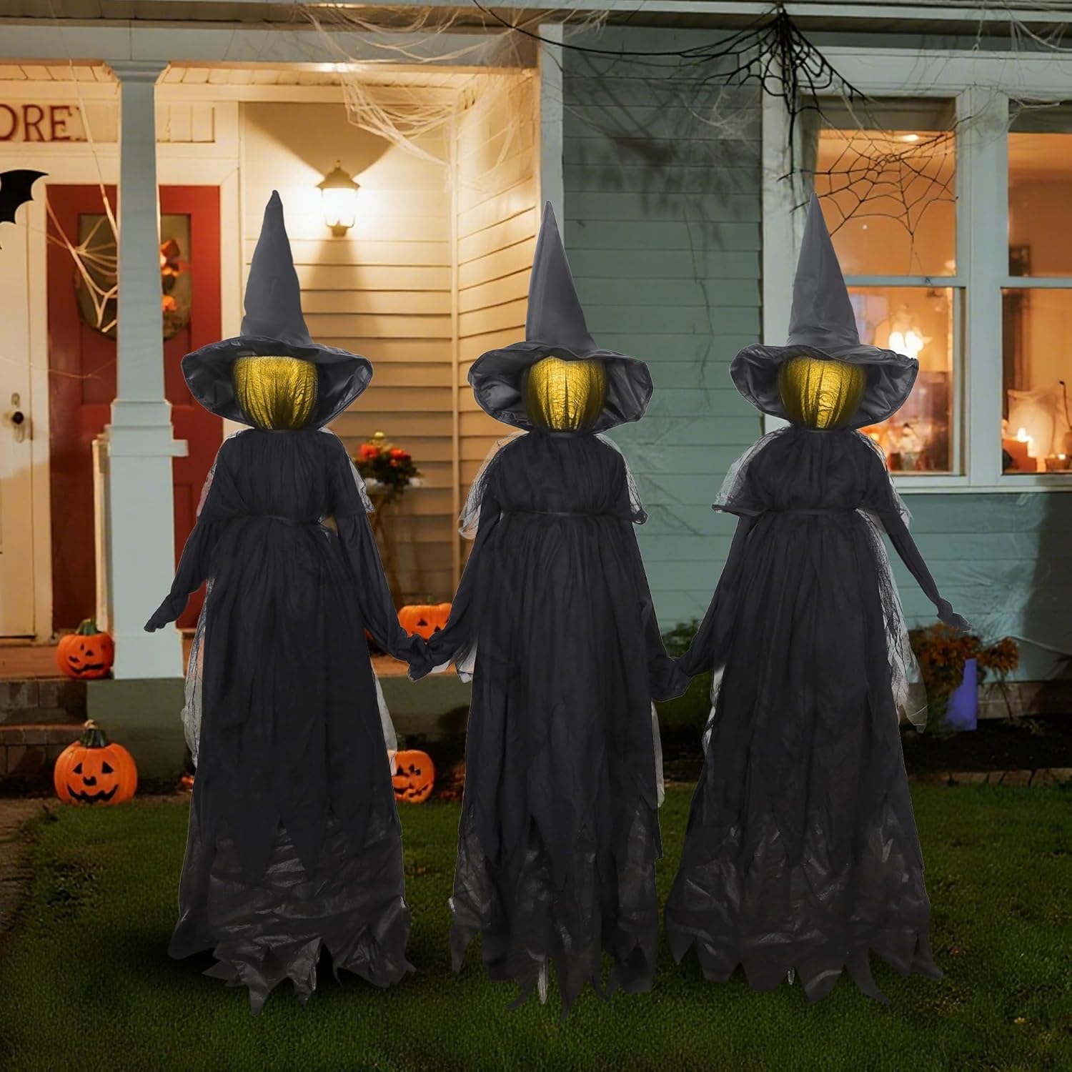 dr.dudu halloween decorations outdoor – 4.6 ft light up witch stakes (set of 3) with warm-color led lights, scary witches halloween yard decor for lawn, garden, party prop