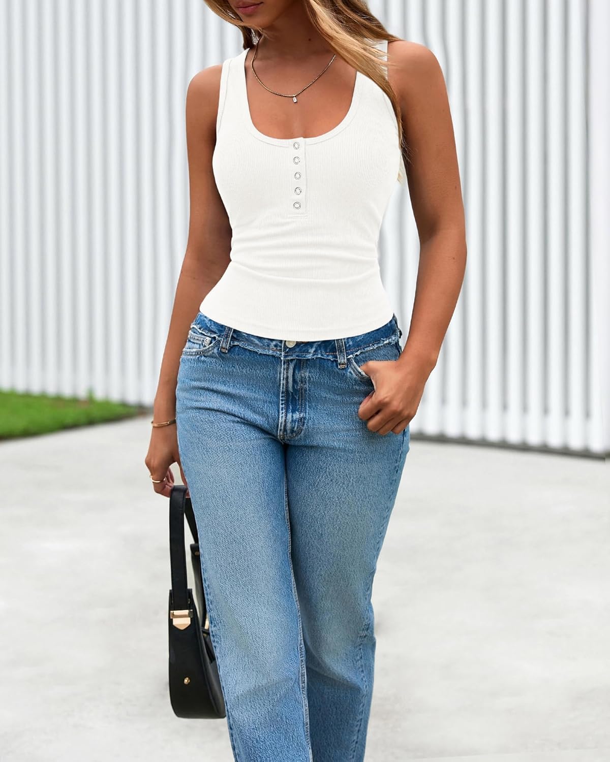 BTFBM 2026 Spring Tops for Women Summer Scoop Neck Ribbed Henley Button Sleeveless Casual Basic Tank Top Clothes Outfits - Image 6