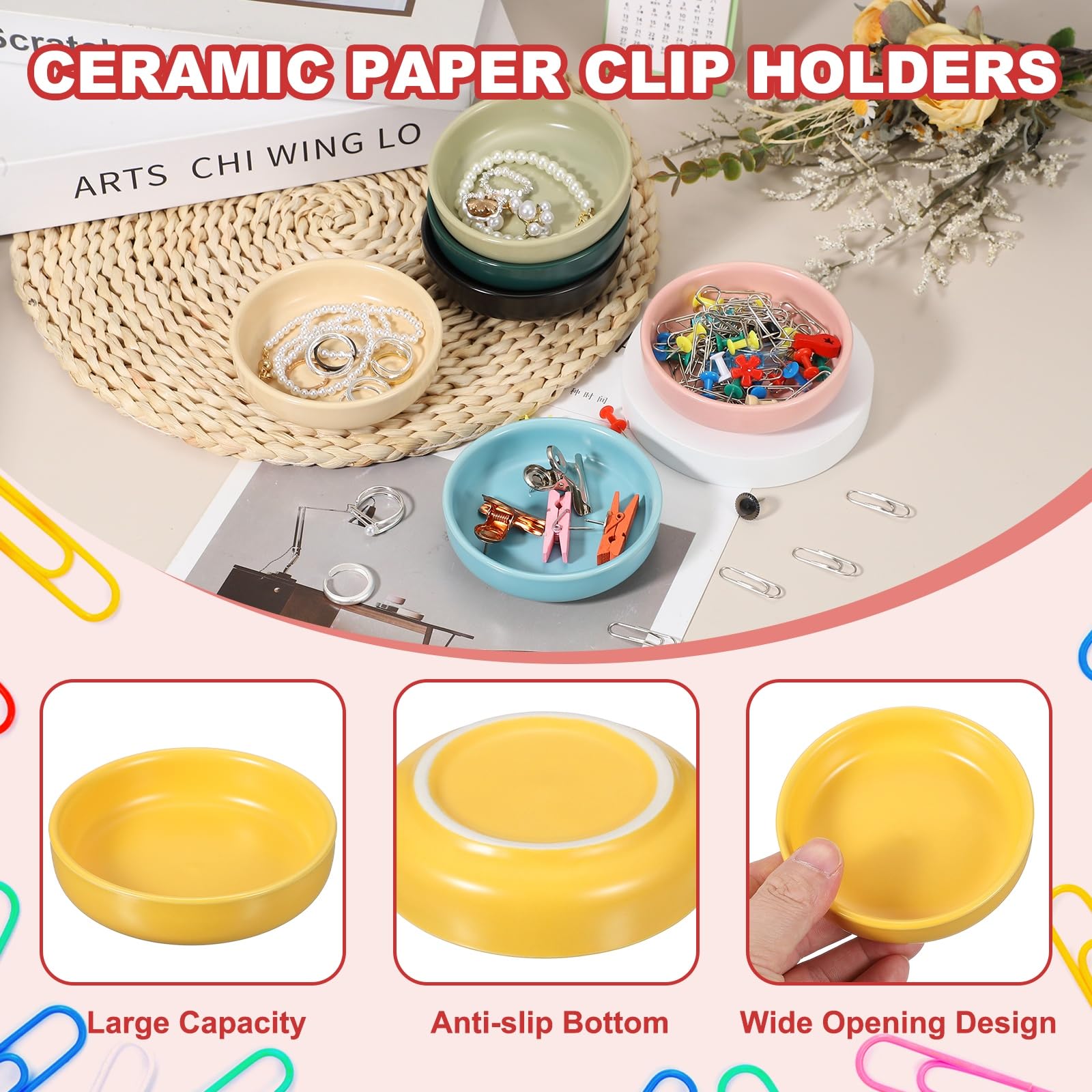 PATIKIL Round Paper Clip Holders, 2 Pcs Ceramic Clip Dispenser Organizer Desk Organizer Accessories for Office Desktop Decor Bobby Pin Binder Paper Clamp, Yellow - Image 3