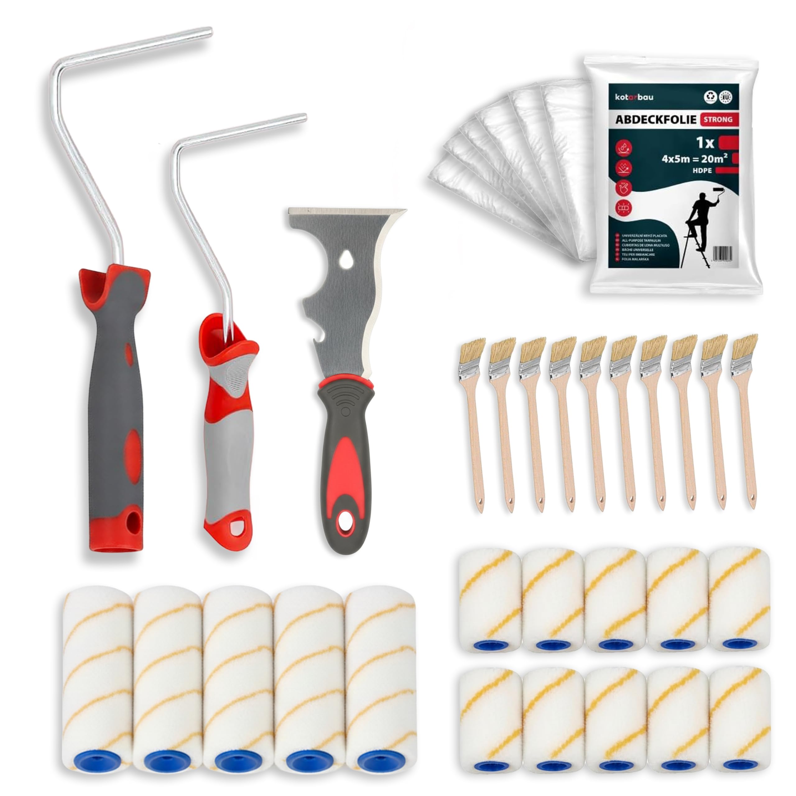 KOTARBAU® - Malerset: 15x Malerrollen, 10x Pinsel, Spachtel und 6x Folie