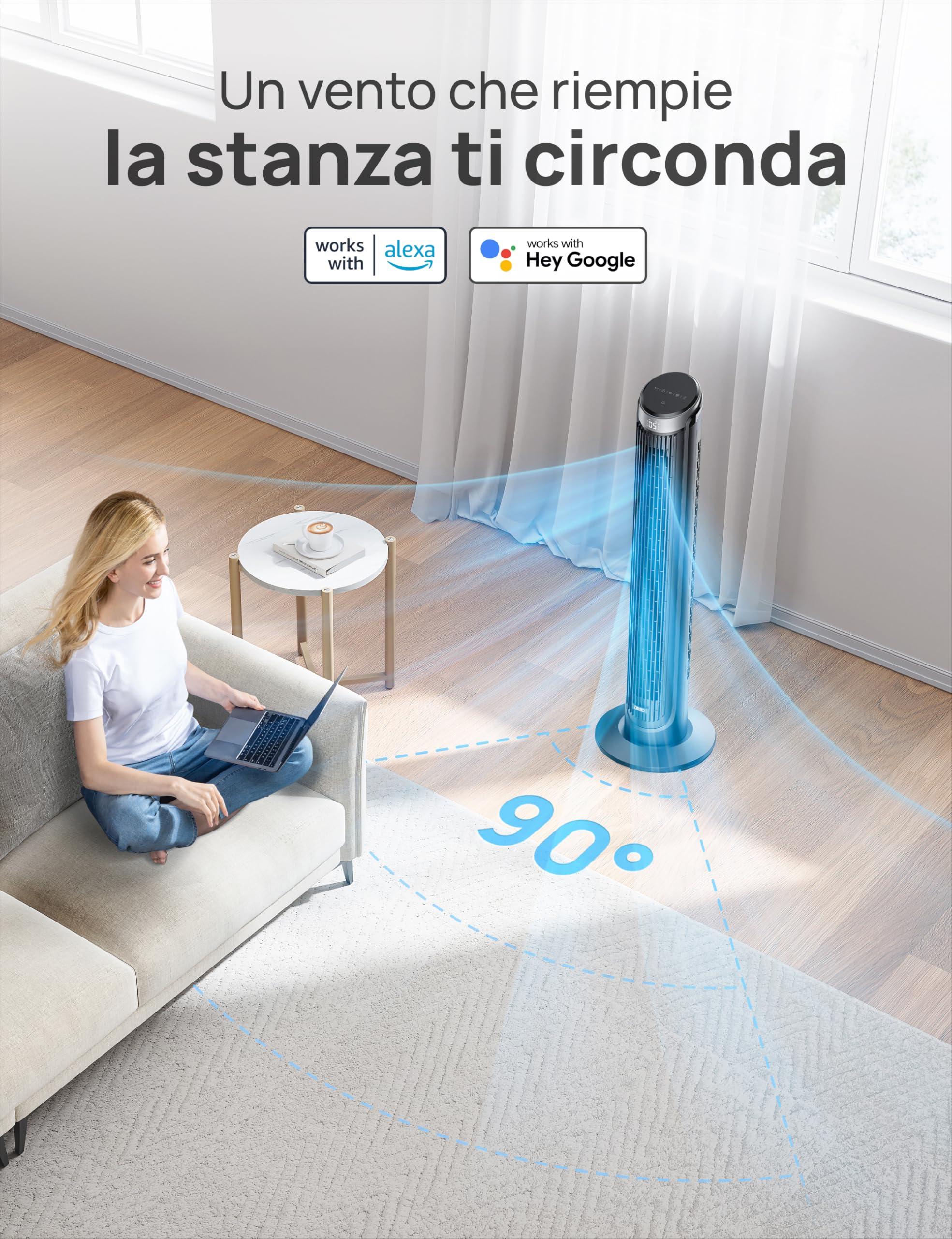DREO Smart Ventilatore a Torre Silenzioso, Oscillazione a 90°, Ventilatore con Telecomando per Camera da Letto, 7.9m/s, 5 Livelli, 4 Modalità, Touch/Telecomando/App & Vocale, Alexa, 12H Timer, Argento