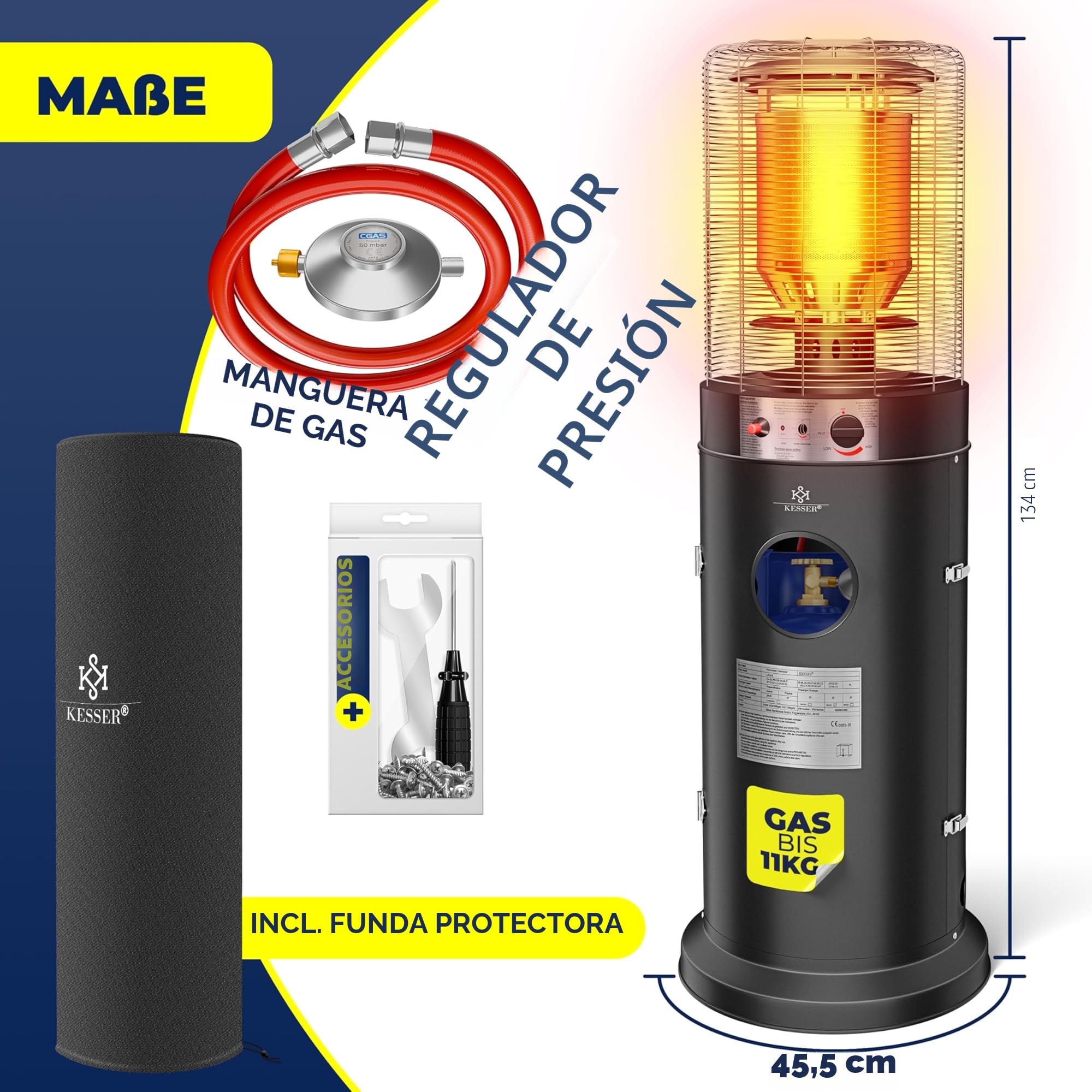 KESSER® Calefactor radiante de gas KE12, calefactor de patio, de exterior, 12,5 kW de gas, radiante, incl. cubierta projoectora acero inoxidable, negro