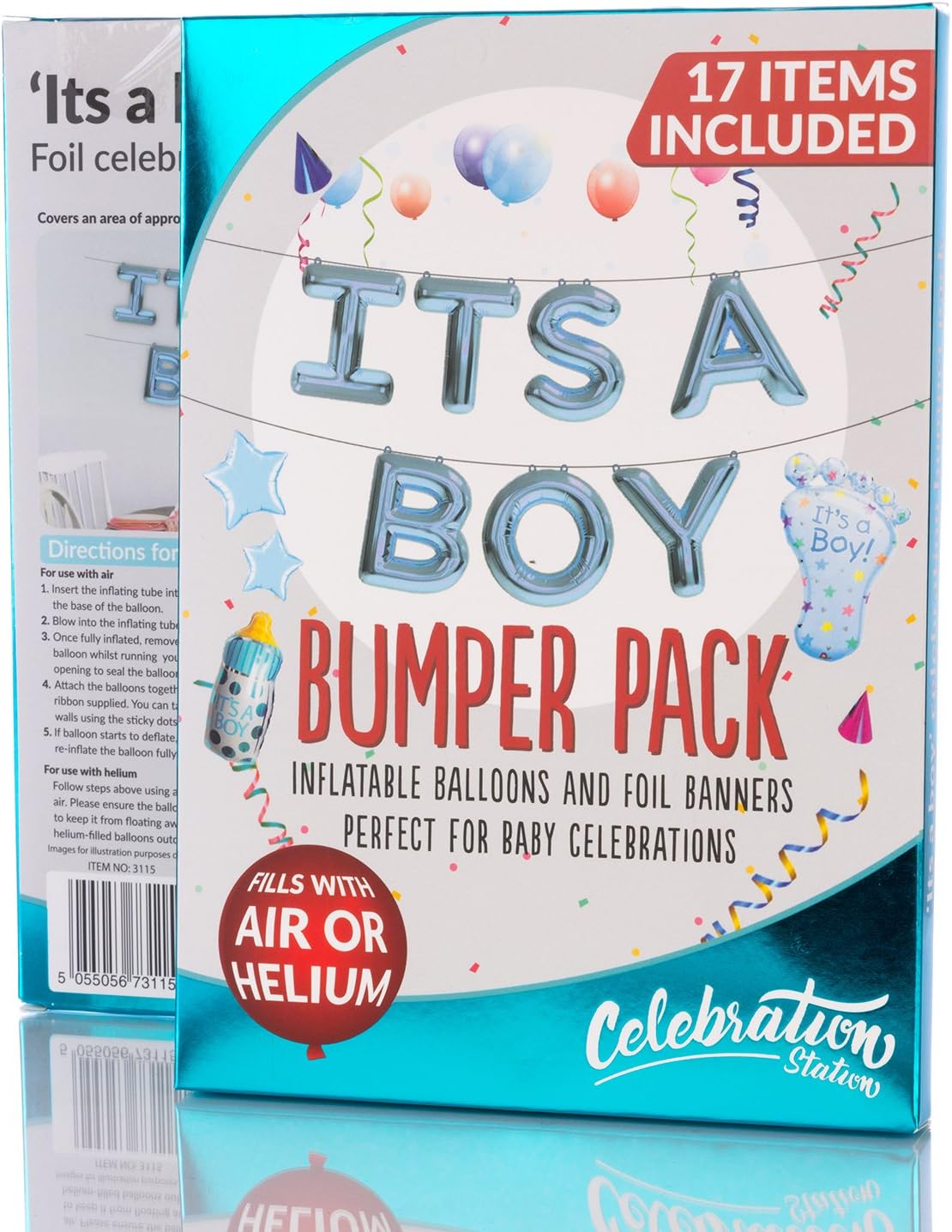 Celebration Station Inflatable Foil Balloons & Foil Banners Bumper Pack for Baby Shower - 17 Items Included, Fill with either Air or Helium (Blue)