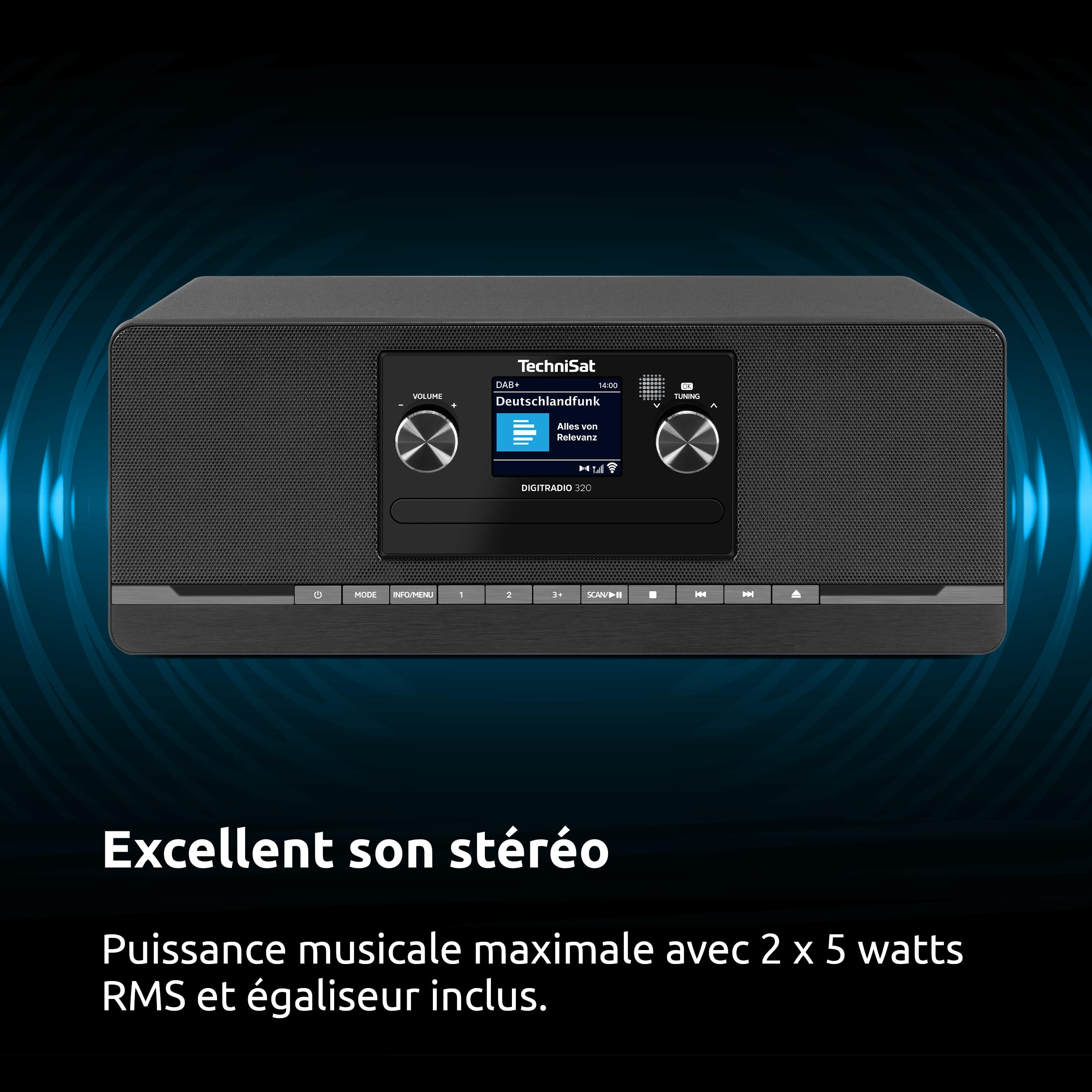 TechniSat DIGITRADIO 320 – Chaîne Hi-FI compacte stéréo (Dab+ & FM, Lecteur CD, Bluetooth, USB, 2×5 W RMS, écran Couleur TFT, réveil, minuterie, télécommande) Noir