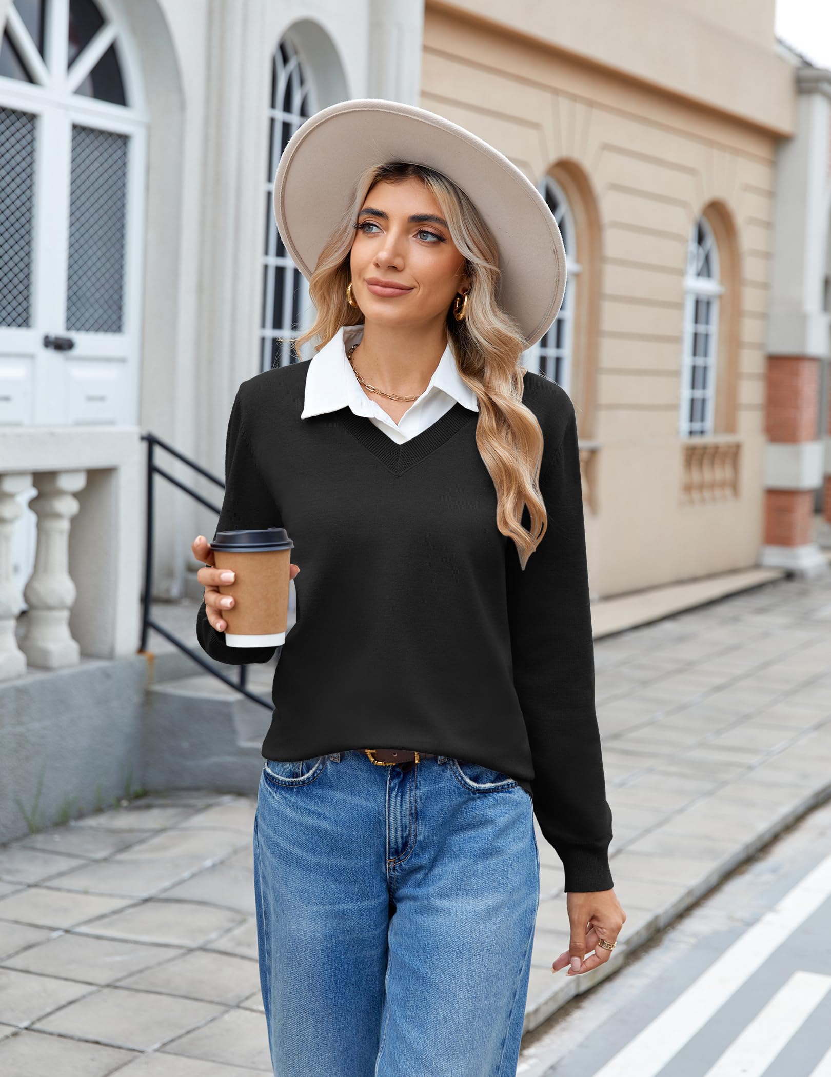Hotouch Pull à col en V pour femme - Manches longues - Pull basique - Léger et ample - Automne - Hiver - Chaud - Tailles S à XXL