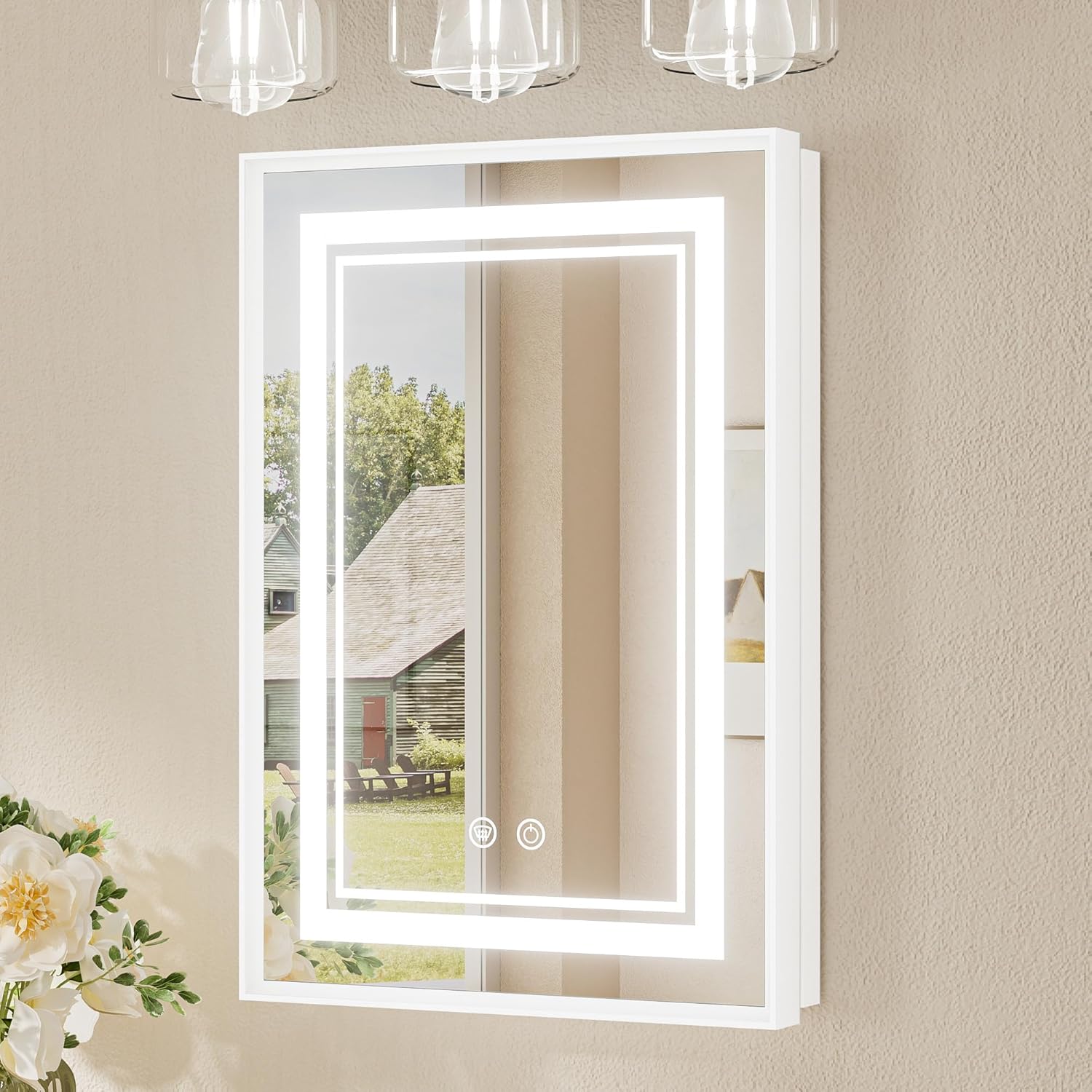 TokeShimi 16x24 White Led Medicine Cabinet Mirror for Bathroom Tempered, 3-Color Stepless Dimming Recessed Lighted Medicine Cabinet with Mirrored Defog, Mirror with Storage and Outlets 24"L x 16"W White