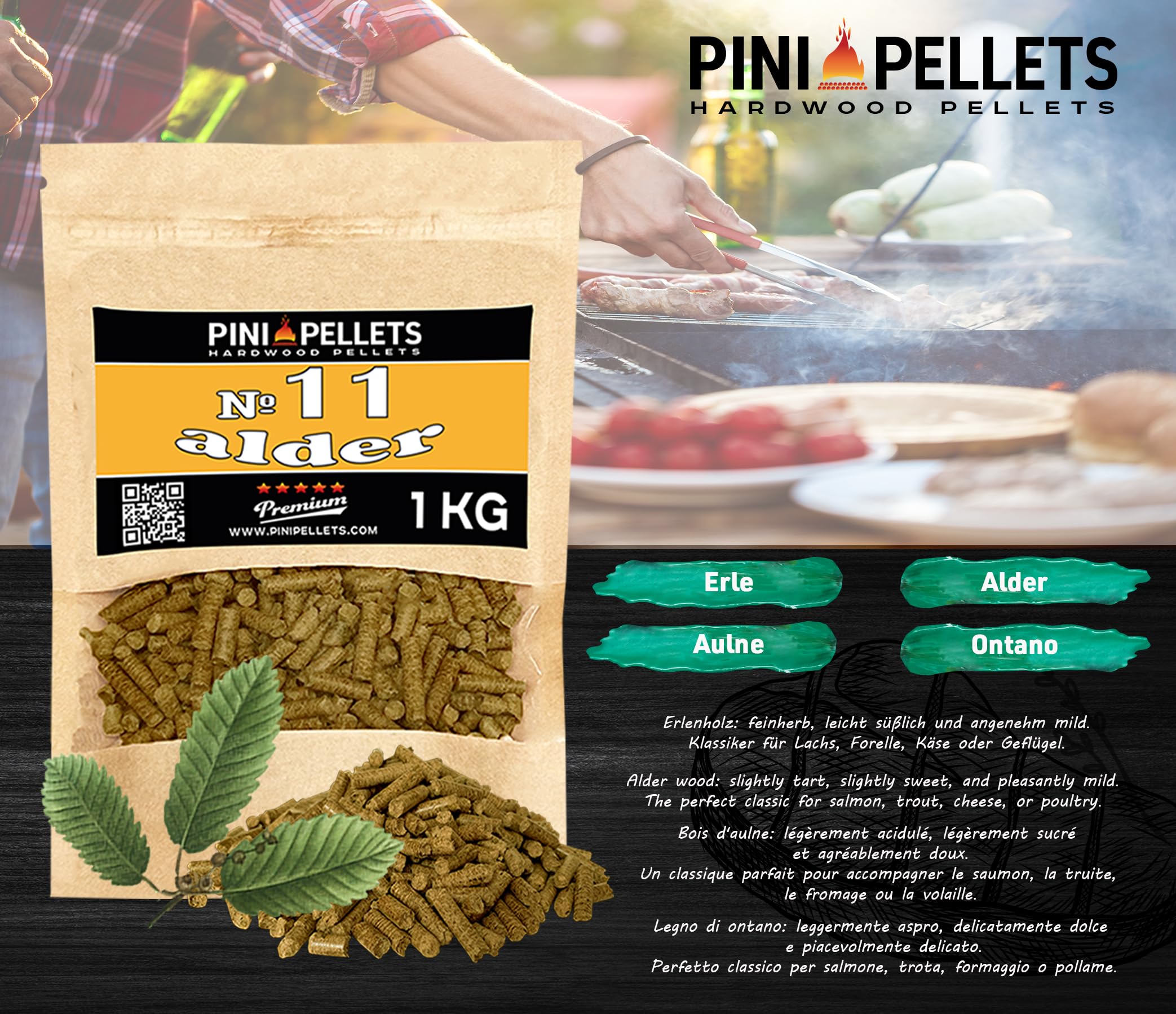 PINI Lot de 4 granulés de bois naturel pour fumoir, 1 kg, au choix parmi 4 variétés, granulés de hêtre n° 5, granulés de cerise n° 8, granulés de pomme n° 9, granulés d'aulne n° 11 – Bois pur de