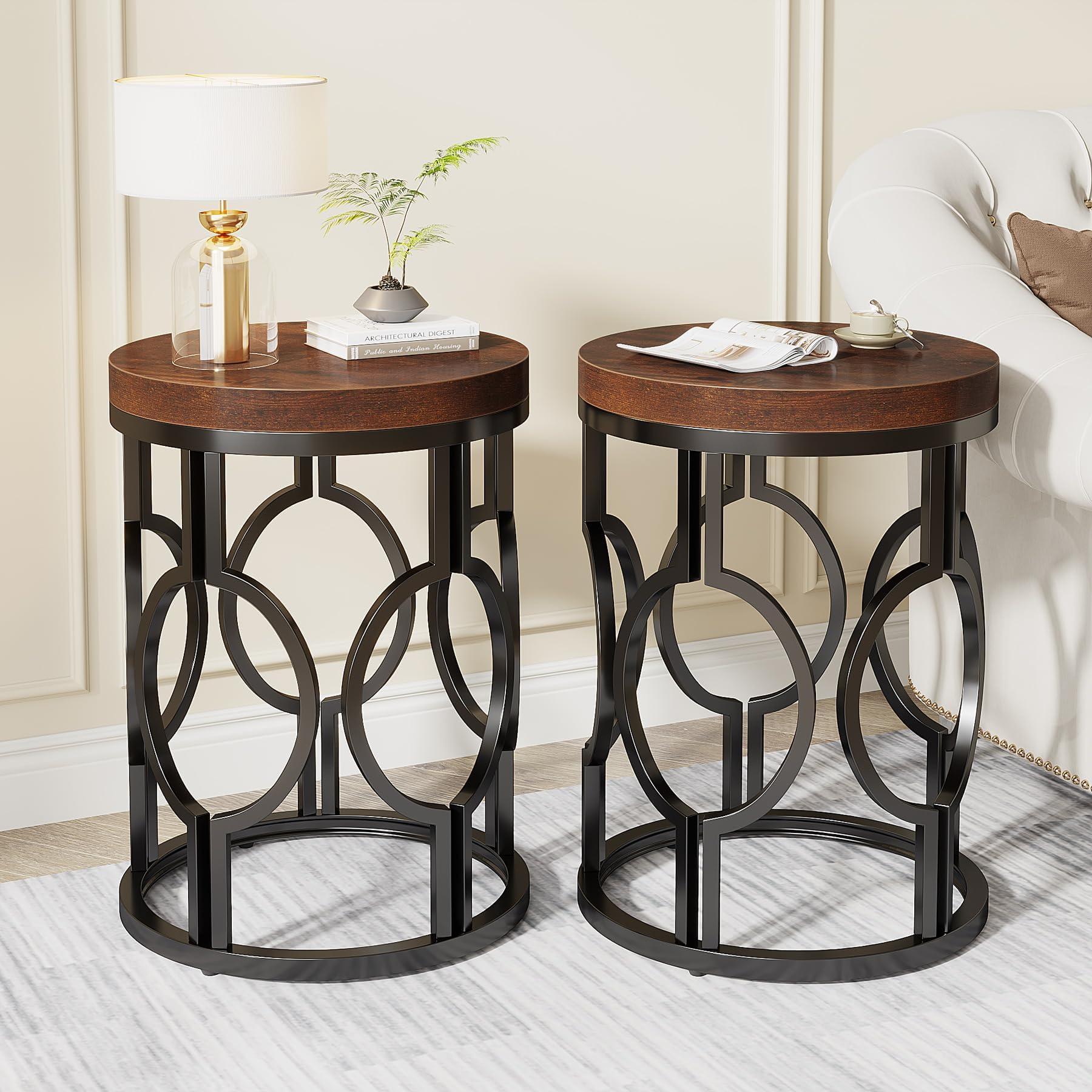 Tribesigns Round End Table Set of 2, Industrial Side Table with Metal Hollow Frame, Small Bedside Table Nightstand for Living Room, Bedroom, Easy Assembly (Rustic Brown,2 PCS)