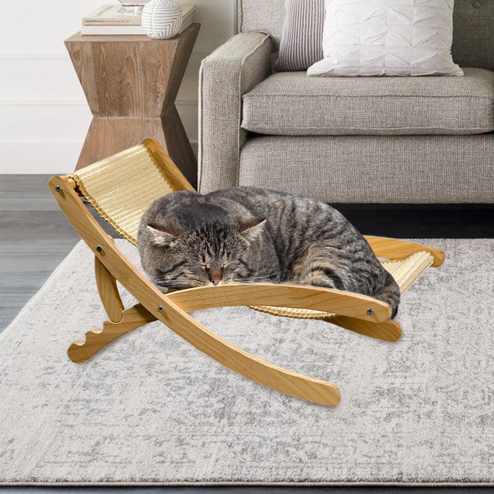 Silla Rascador de Sisal para Gatos Cama Ajustable para Rascar | Plegable para Mascotas en Interiores Dormitorio Salón Terraza Espacios Pequeños Viajes