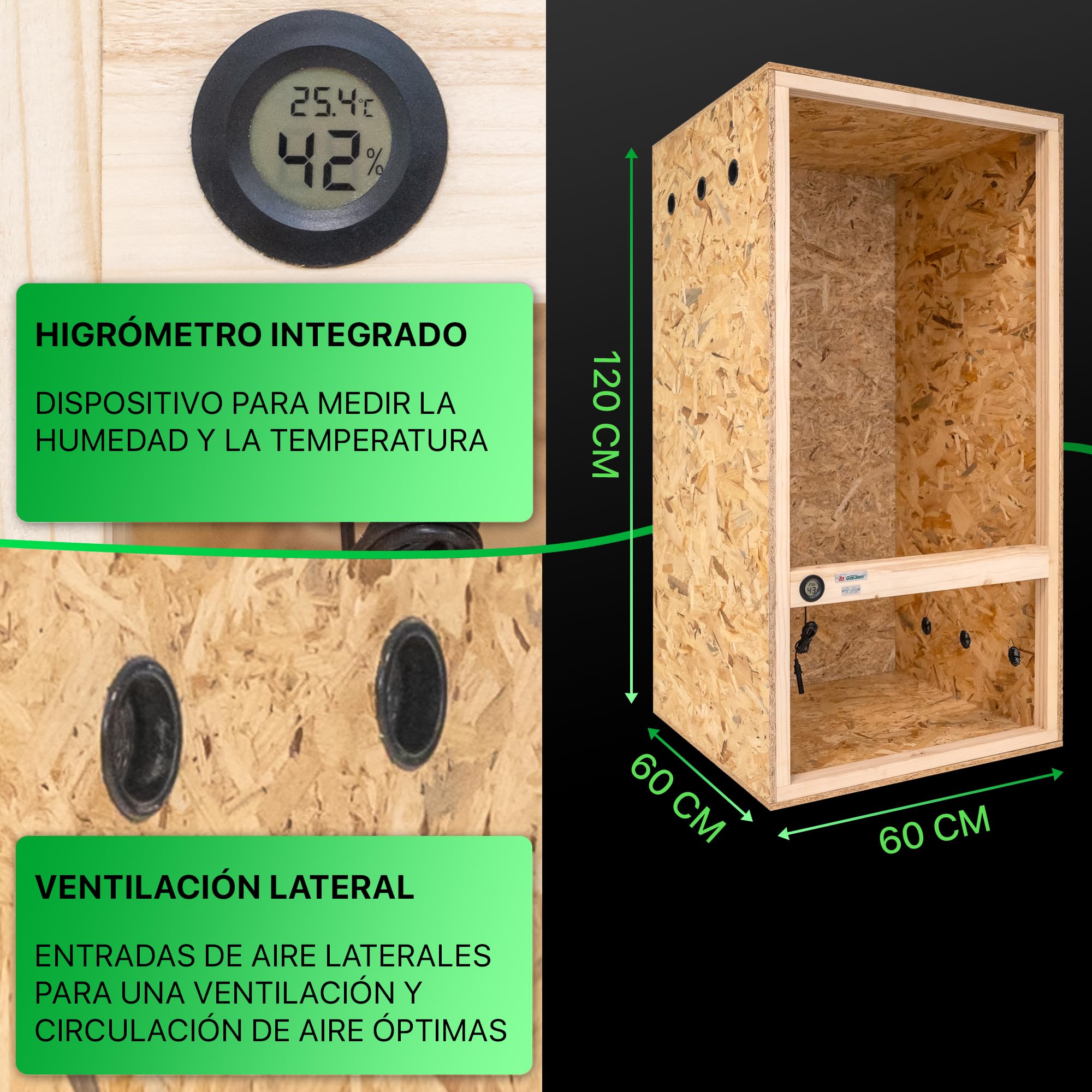 ITA Terrario Alto 60x120x60 cm con ventilación Lateral e higrómetro Integrado - Terrarios de OSB-3 - para Reptiles, Serpientes, Anfibios - Producto UE, Certificado FSC