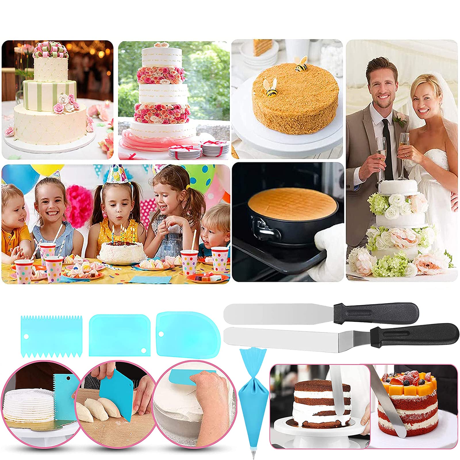 Springform-Kuchenform-Set und Kuchen-Drehteller & Dekorations-Kits, 10.2 cm/17.8 cm/22.9 cm, inklusive 50 Stück Kuchenpapier mit 12 Kuchendekorationsspitzen, schwarz