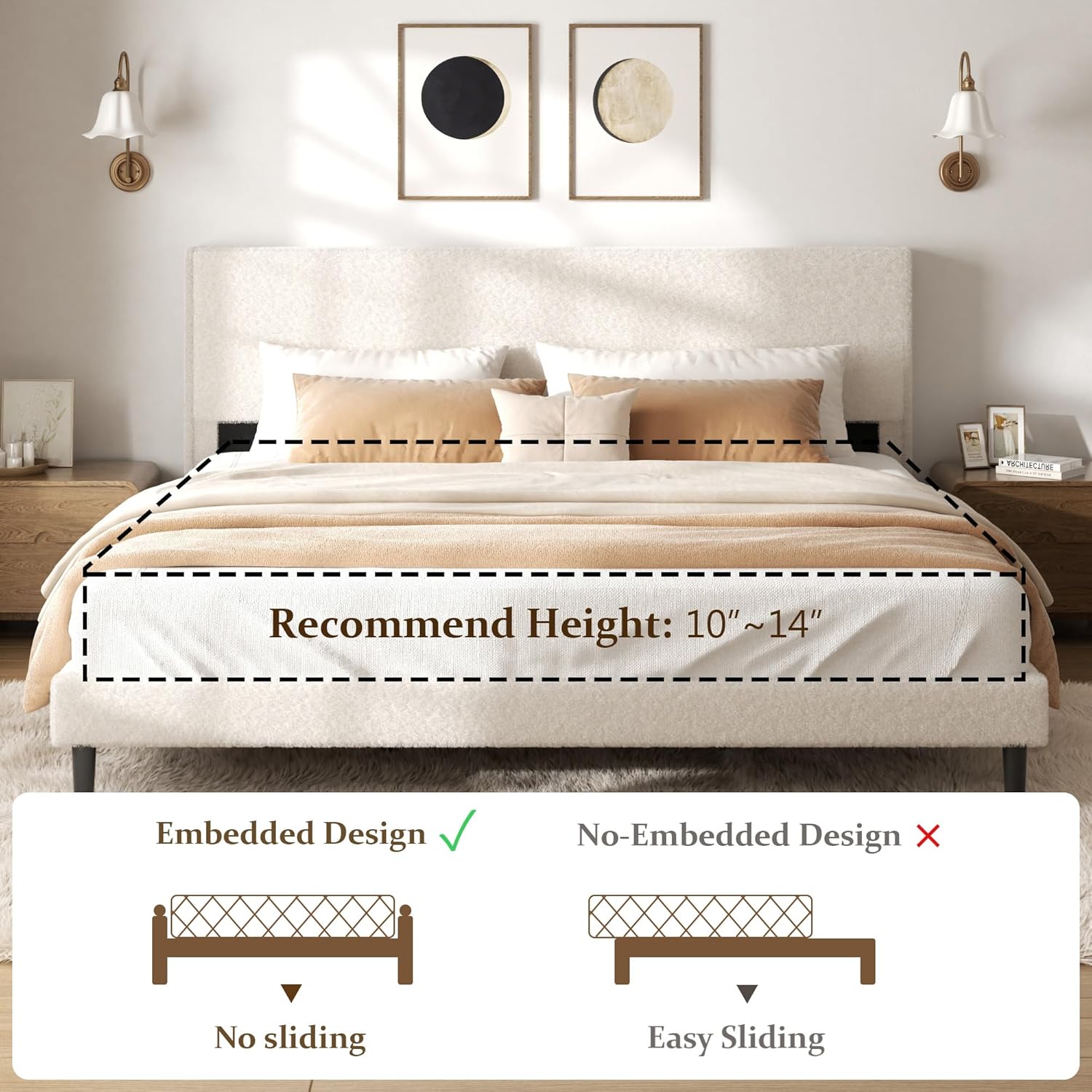 King Bed Frame Teddy Velvet Modern Platform Bed Frame with Upholstered Headboard, Mattress Foundation, No Box Spring Required, Beige
