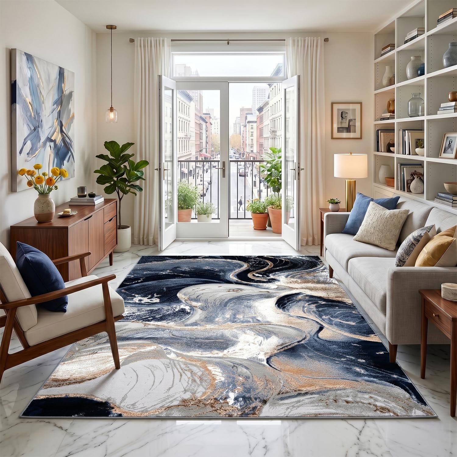 PHP Marble Luxe Rug - Large Fluffy Area Rug Carpet Washable Non-Slip Soft Modern Indoor Floor Rug for Living Room, Bedroom, Hallway, Lounge (Blue 1, 160x230 cm)