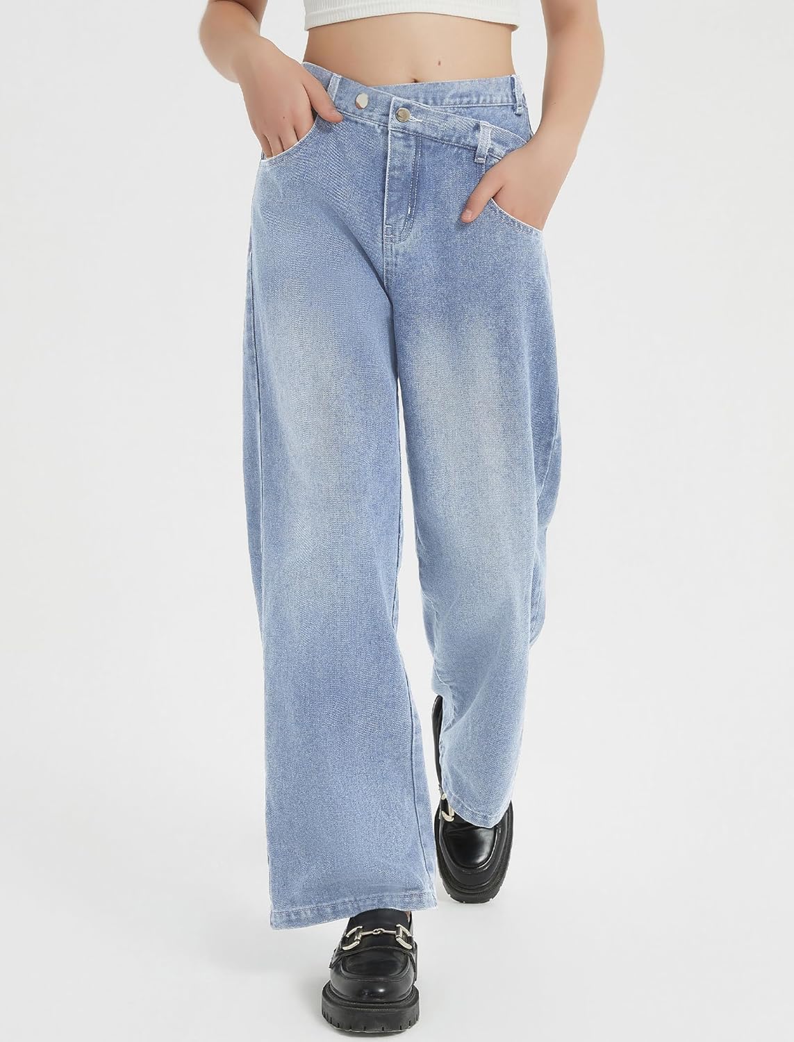 EXARUS Girls Jeans Crossover/Frayed Baggy Pants Wide Leg Denim Teen Elastic Waist Straight Mid Waisted for Kids 8-14Y - Image 5