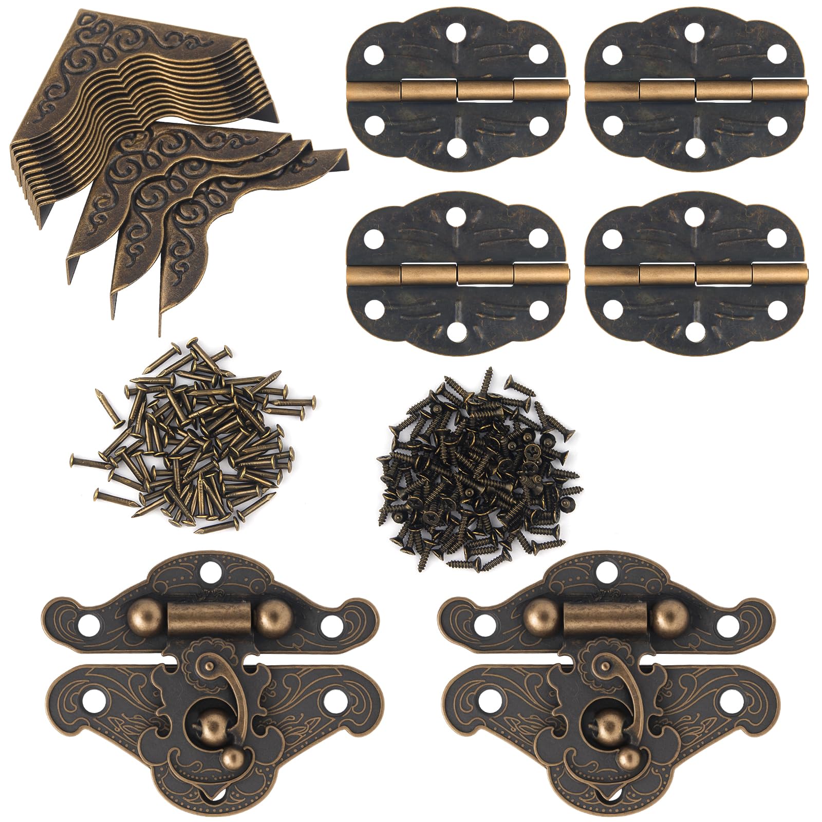 122PCS Vintage Bronze Hinge for Furniture Decoration, Antique Engraved Latch Hasp Hinges for Jewelry Box Decoration, Box Corner Protectors Hardware Kit/Wooden Box Jewelry Right Hook Hinges