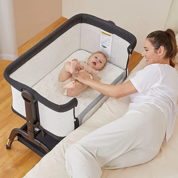 BabyBond Baby Bassinet, 3 in 1 Bassinet Bedside Sleeper with Washable Soft Mattress and Sheet, 6 Height Adjustable Bedside Crib, 4-Sided Mesh Bedside Bassinet for Baby Black