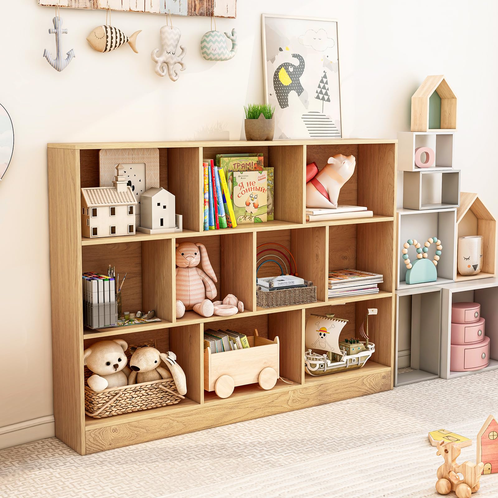 GYMAX Libreria a 10 Cubi Aperti, Scaffale Autoportante da Pavimento, Kit Anti-Ribaltamento, Organizzatore di Archiviazione 3 Livelli per Soggiorno Camera da Letto Ufficio (Naturale, 140 x 24 x 104 cm)