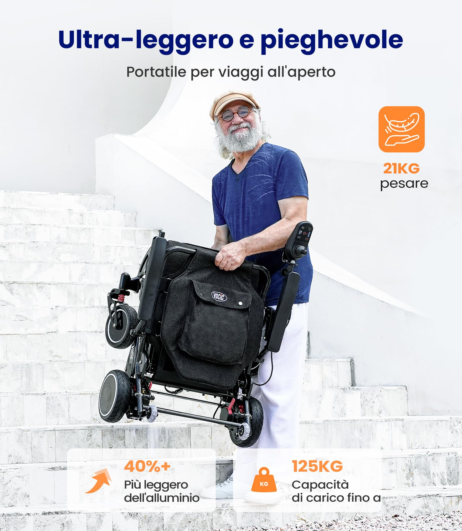 VOCIC Carbonio Sedia a rotelle elettrica pieghevole leggera,28 chilometri | V81 Carrozzina elettrica doppia batteria per anziani,Pneumatici in PU per tutti i terreni,Aeromobile idoneo al volo