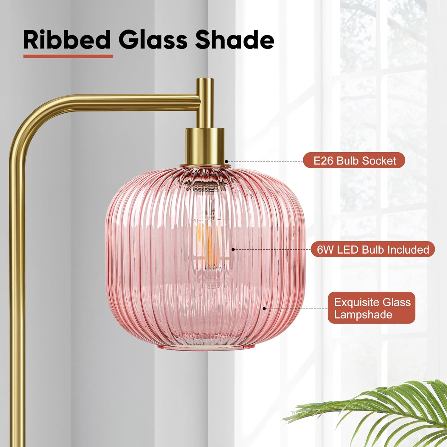 QiMH Glass Floor Lamp for Living Room, 67” Modern Standing Lamp with Pink Ribbed Glass Lampshade Pedal Switch Tall Lamp for Bedroom, Brushed Gold (2700K LED Bulb Included)