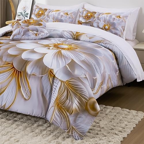 Miniatura 6 de Holawakaka Juego de edredón floral Queen de 6 piezas, ropa de cama en una bolsa, flores verdes impresas en gris, juego de ropa de cama botánica de