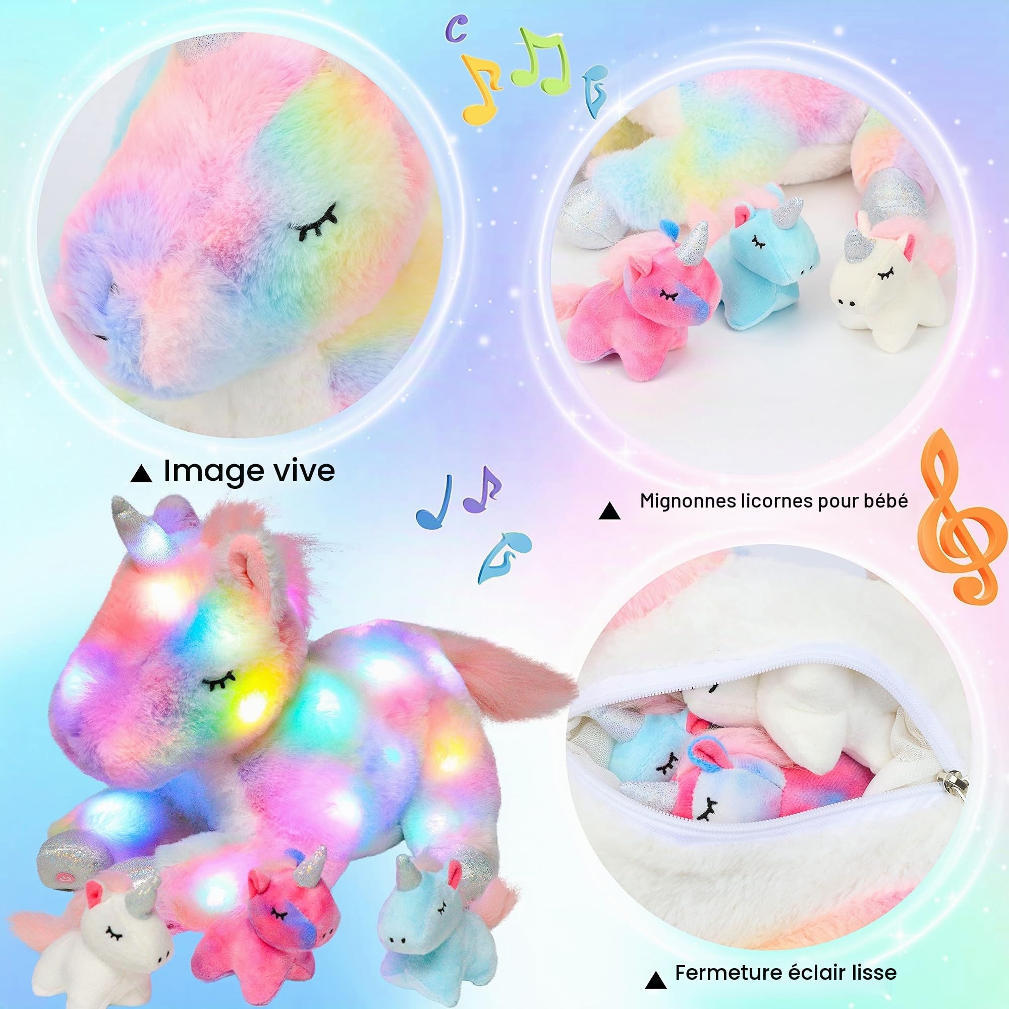 Hopearl Licorne Maman Musicale Peluche Lumineuse LED Qui Chante avec 3 Bébés Licornes dans Son Ventre Veilleuse Animée Apaisante - Cadeau Fête des Mères Filles, Arc-en-Ciel, 48cm