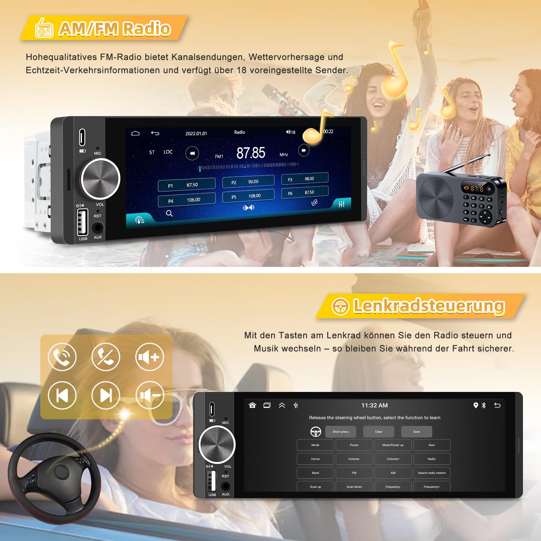 Autoradio mit Bildschirm, Single-DIN, Kabelloses CarPlay und Android Auto, 6,28-Zoll-Touchscreen mit Bluetooth, WLAN, MirrorLink, FM-Radio, Lenkradsteuerung, Equalizer, USB-C-Anschluss, Rückfahrkamera