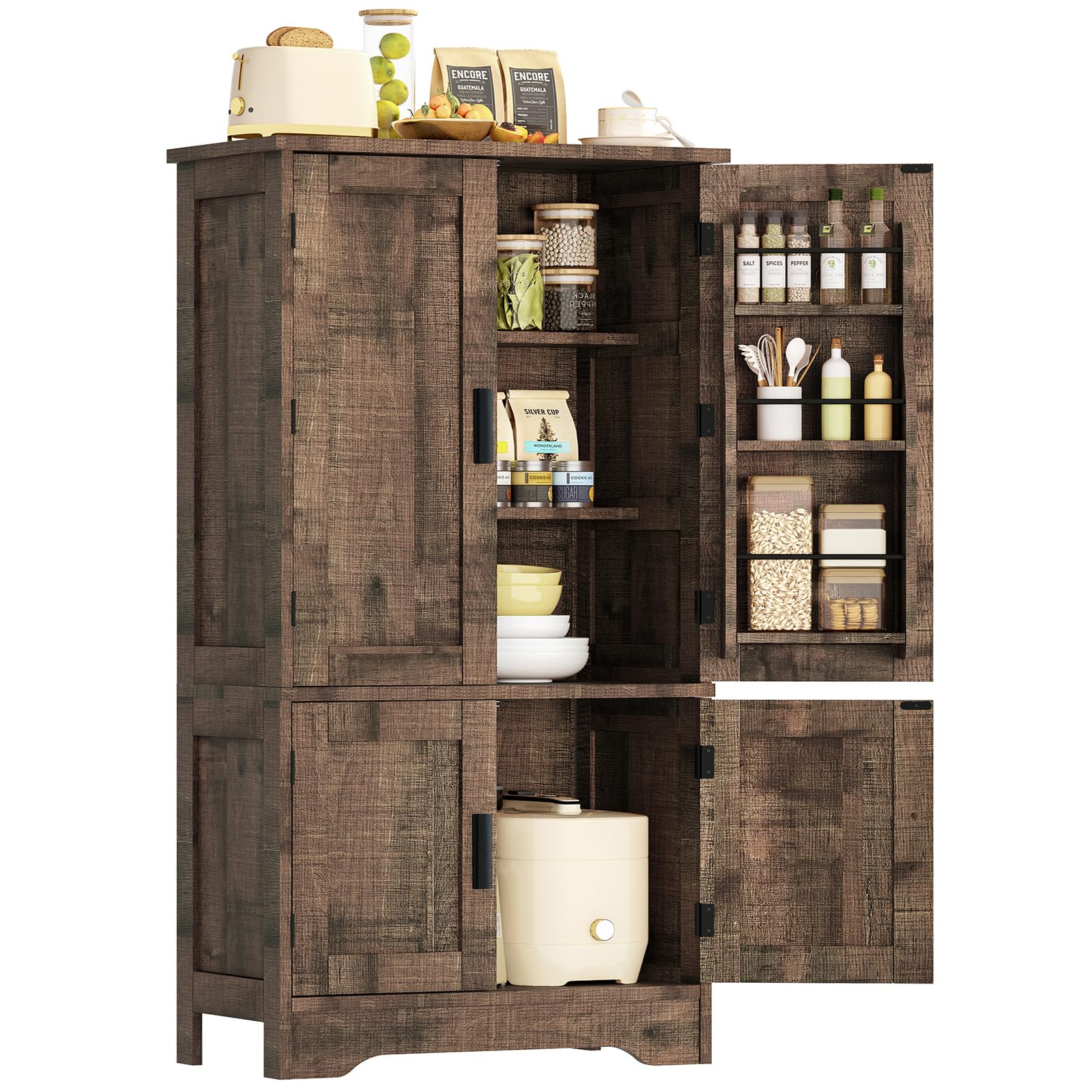 43”H Pantry Cabinet with 4 Doors, Kitchen Cabinet with 6 Door Shelves