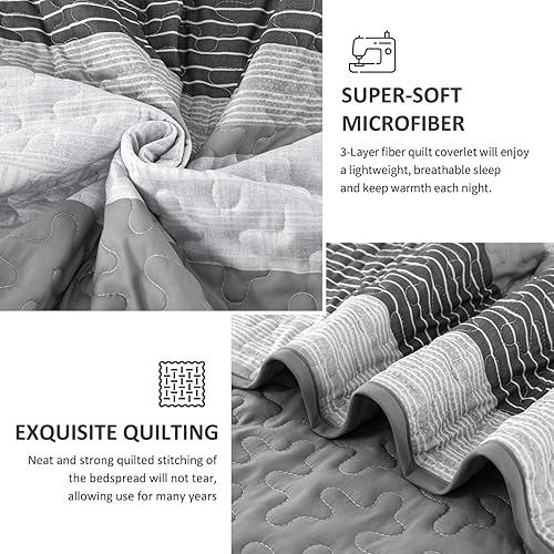 Miniatura 6 de Juego de edredón de 3 piezas, tamaño Queen, color gris, juego de ropa de cama de retazos a rayas de verano, suave, ligero, con 2 fundas de almohada,