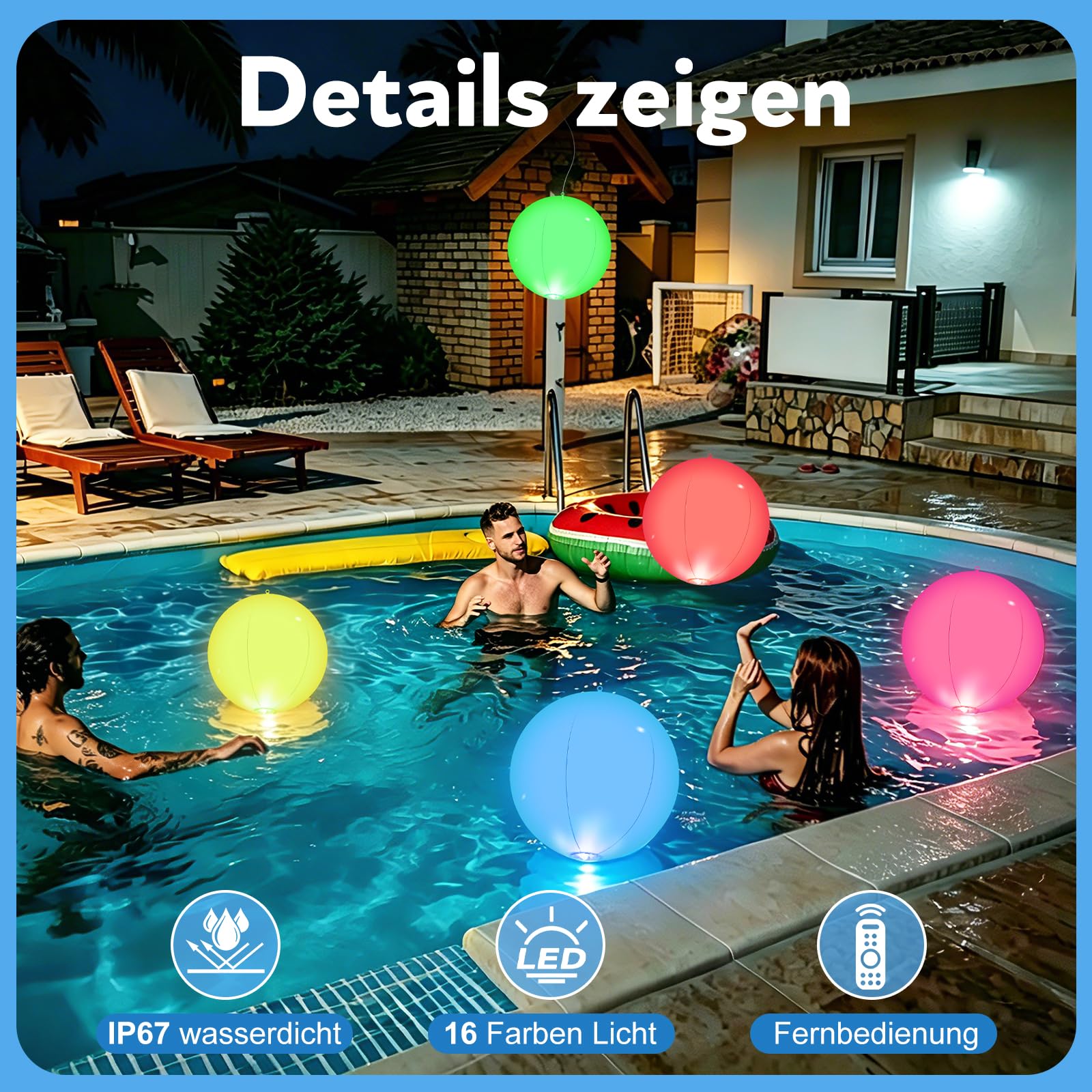 Poolbeleuchtung 4 Stück, Aufblasbare Teichbeleuchtung 40cm mit Fernbedienung, 16 RGB Farbwechsel LED Schwimmende Poolbeleuchtung, IP67 Wasserdicht Pool Lichter für Garten Pool Teich Party Deko