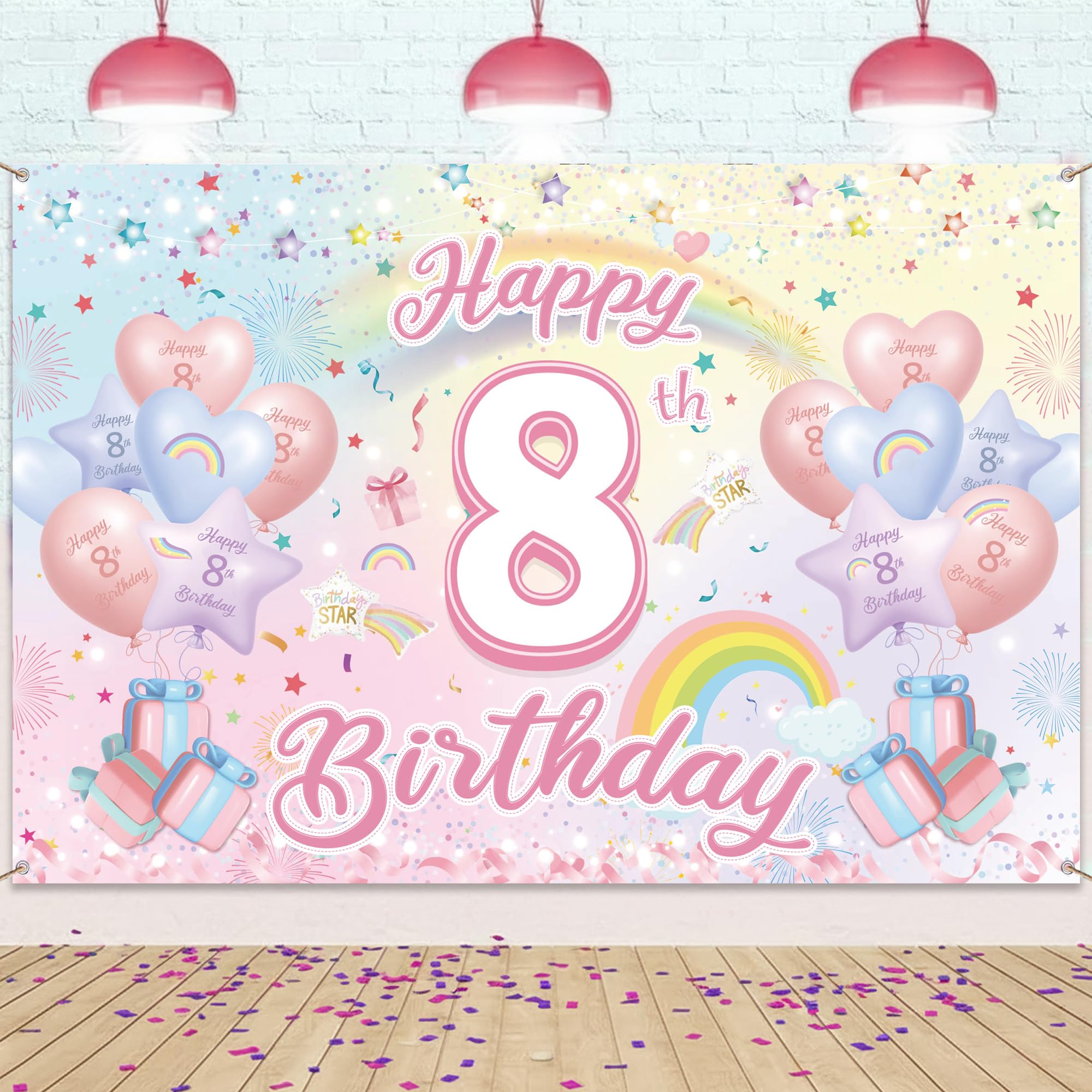 Happy 8th Birthday Banner, Rainbow Backdrop Decorations for Girls Boys