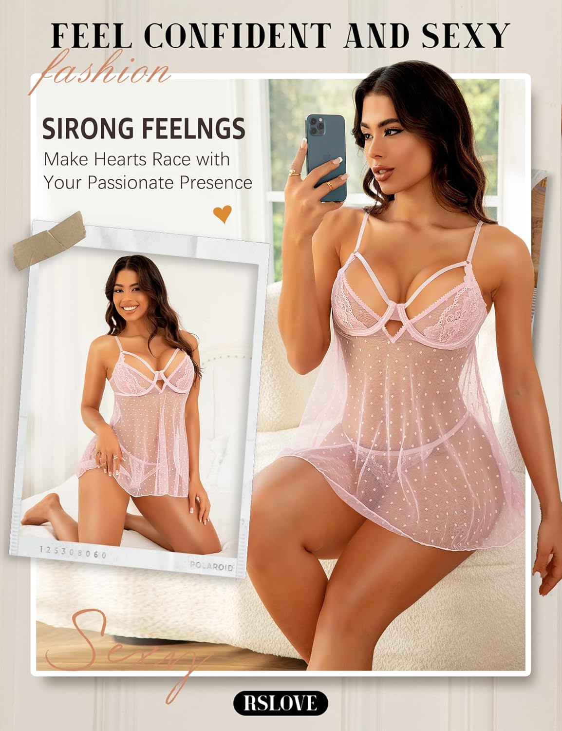 RSLOVE Women Sexy Babydoll Lingerie - Lace Sheer Mesh Sleepwear Polka Dots Bridal Chemise Nightie Dress - Image 5