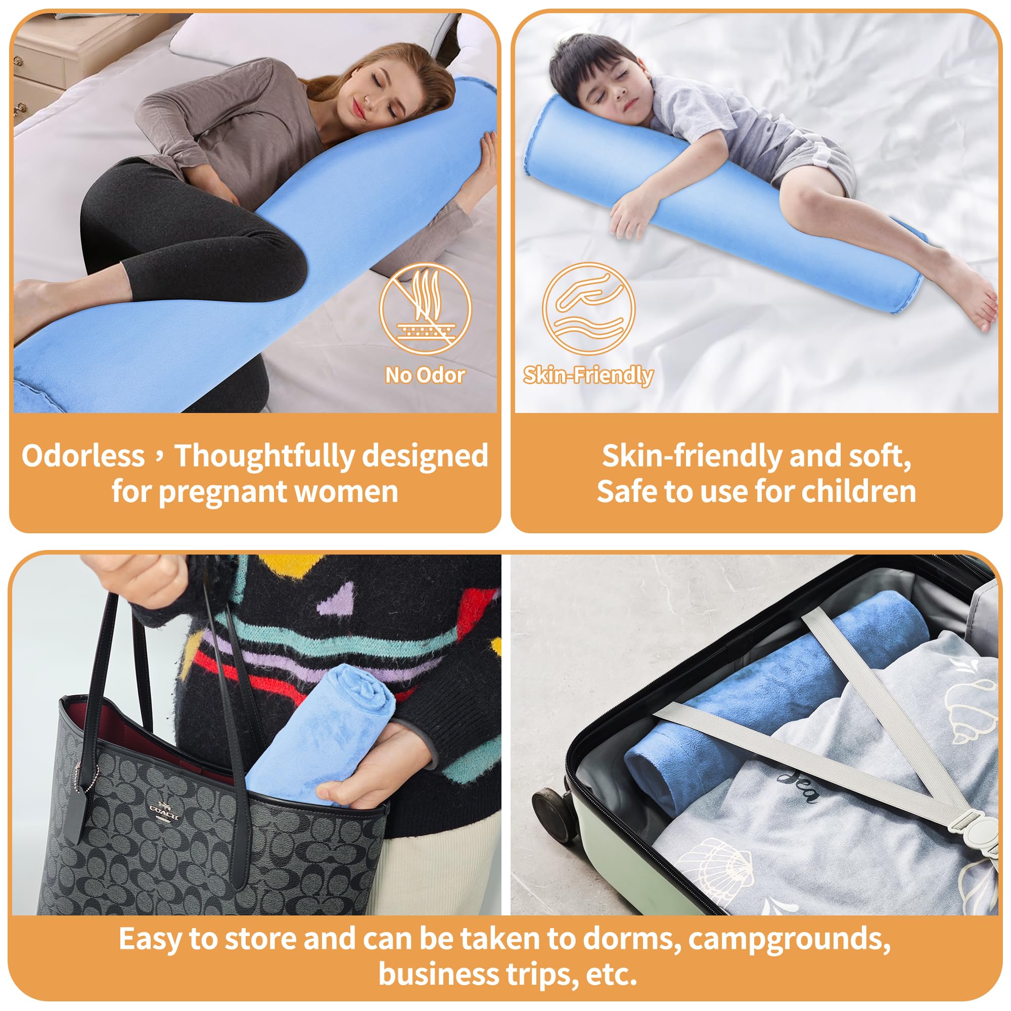 EULANT 2 Pièces Coussin Gonflable pour Dormeur Latéral, Léger Oreiller Long et Rond, Doux Traversin pour Le Corps, Oreiller de Soutien pour Voyage, 120 * 20cm, Gonflable et Compact