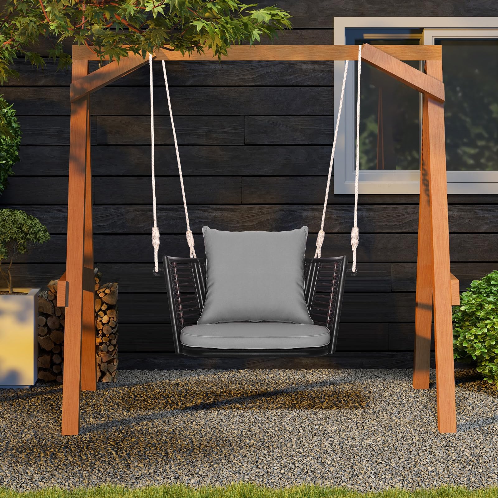 FANTASK Hängesessel Outdoor, Hängeschaukel Rattan mit Kissens & Metallrahmen & Hängeseilen, Hängesitz bis 180kg belastbar, Hängestuhl, Schaukelsessel für Veranda Garten Hinterhof (Grau)