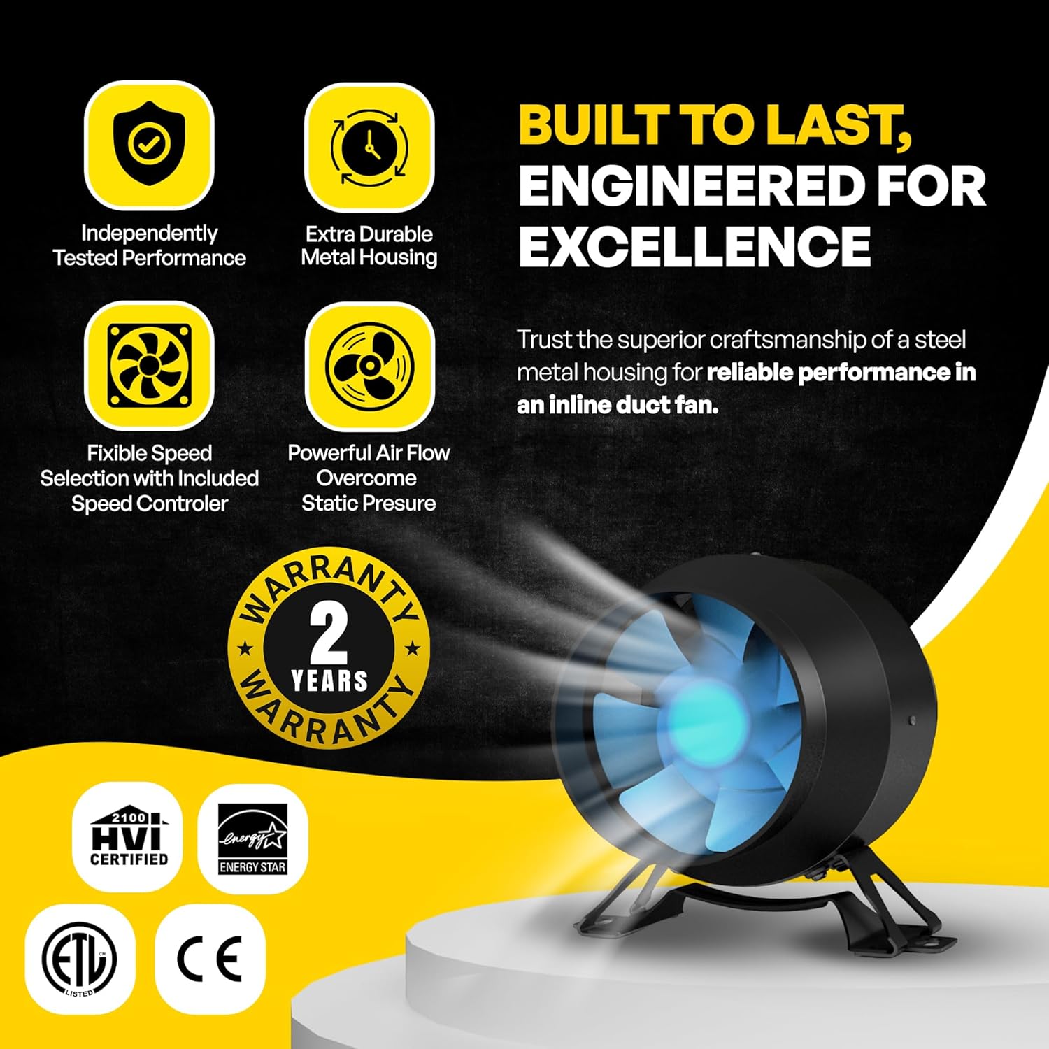 TerraBloom 4 Inch Inline Fan ECMF-100 - Quiet HVAC Grow Tent Fan with Digital Speed Controller- Premium Metal Casing 40-75% Energy Efficient EC Motor - For Large Spaces