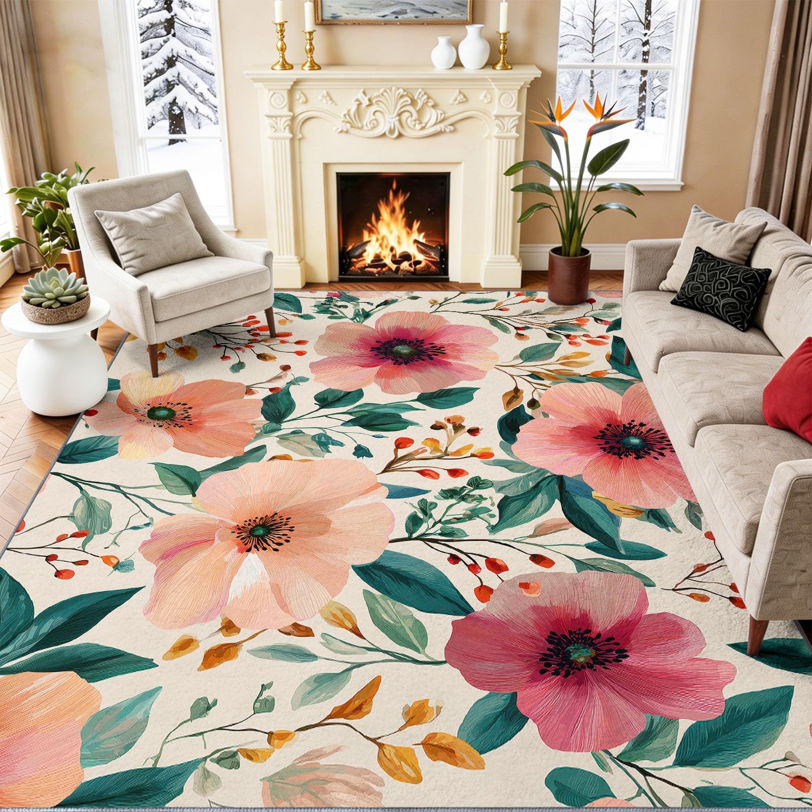 Aquarelle Botanique Interieur Tapis 140 x 200 cm Rose Poil Ras, AntidéRapant Tapis | Tapis Salon, Chambre Adulte Tapis,Descente de Lit, Salle a Manger, Bureau | Fleurs Feuilles Vertes Vignes