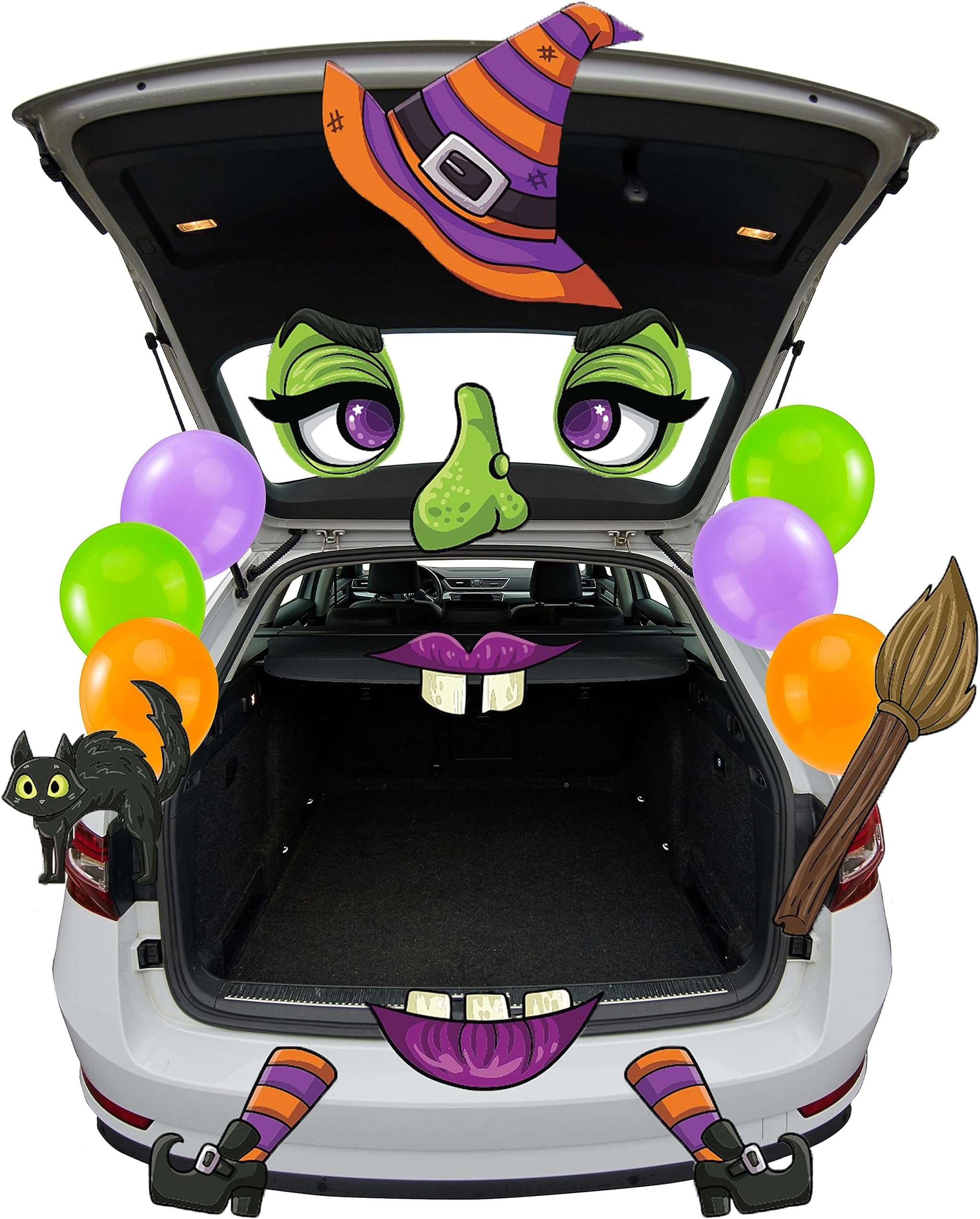 JOYIN Halloween Witch Trunk or Treat Car Archway Garage Decoration with Witch Hat, Eyes, Nose, Fangs, Legs, Cat, Broom and Dot Glue