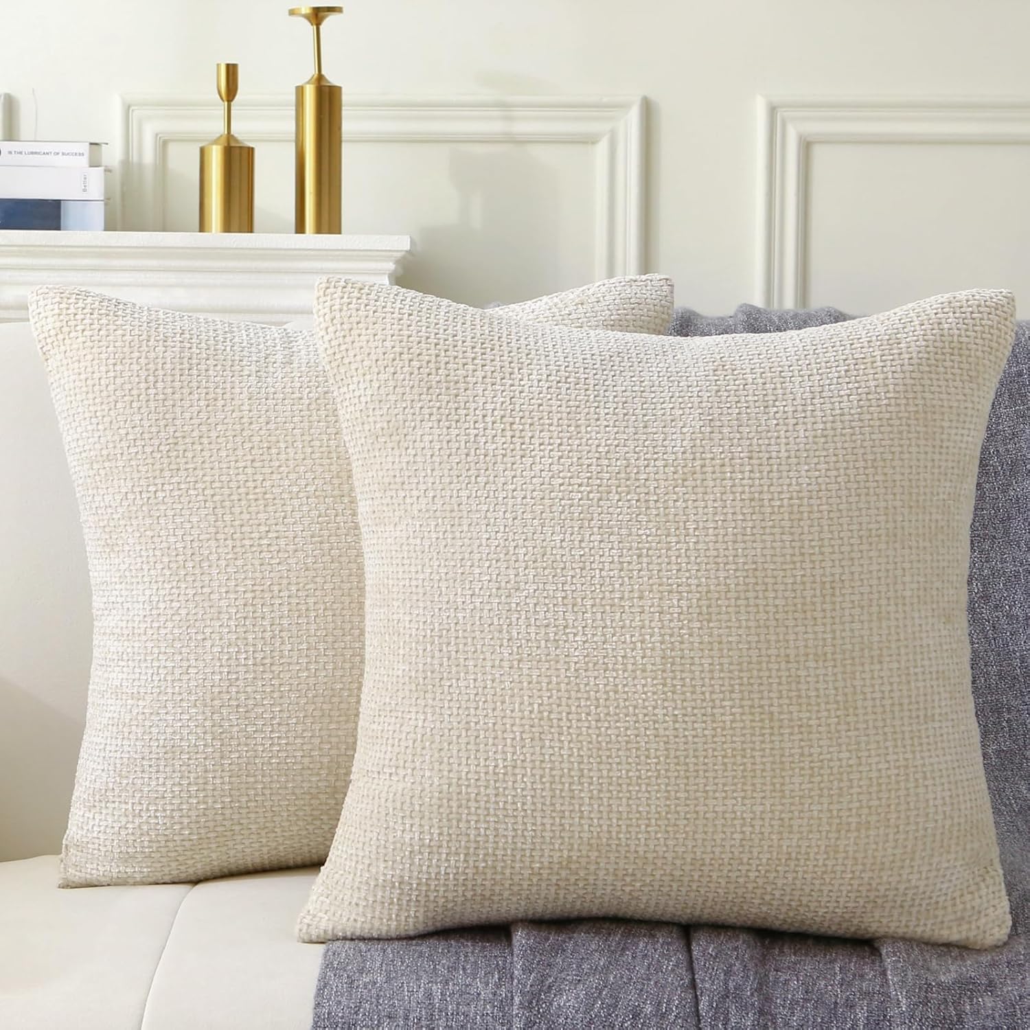 18" x 18" Decorative Throw Pillow with Inserts, Set of 2 Soft Modern Farmhouse Weave Pattern Throw Pillows, Square Boho Pillow for Couch, Bed, Sofa Decor (Beige, 18" x 18"(Pack of 2))