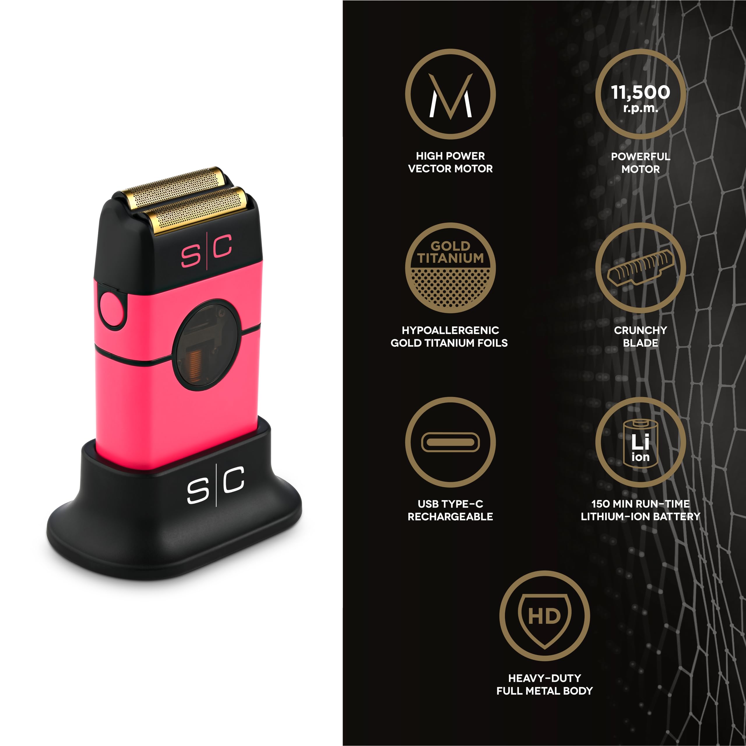 Stylecraft Instinct Elektrischer Bart- und Haarrasierer, Kabelloser Elektrischer Bartrasierer Herren, 150 Min Betrieb, Tragbarer Reiserasierer, USB Typ C Kabel,Stabiles Metallgehäuse (Rose)