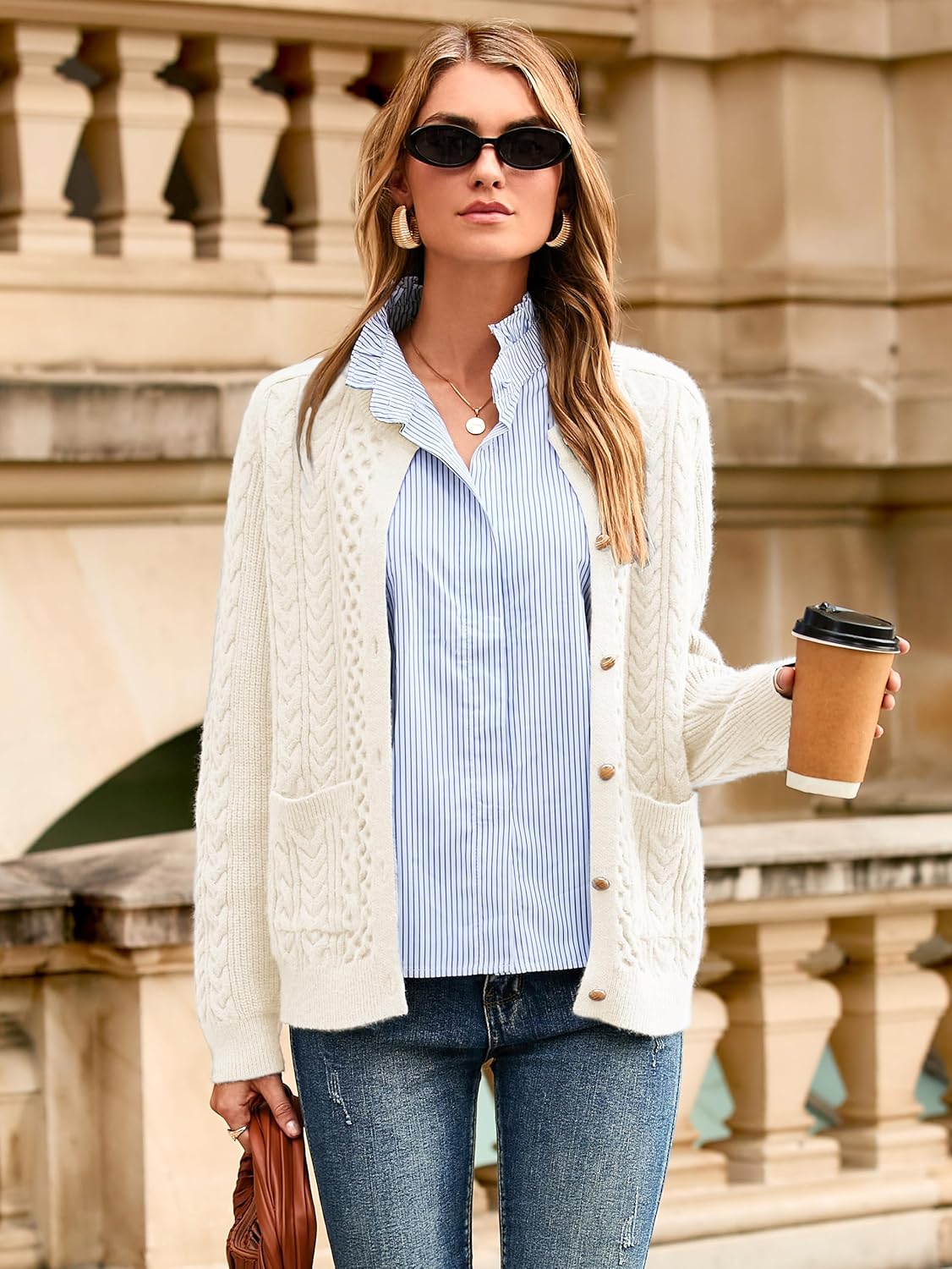 Glamaker Cable Knit Chunky Cardigan Sweater Long Sleeve Crew Neck Button Down Knit Fall Sweaters Trendy Outfits - Image 6