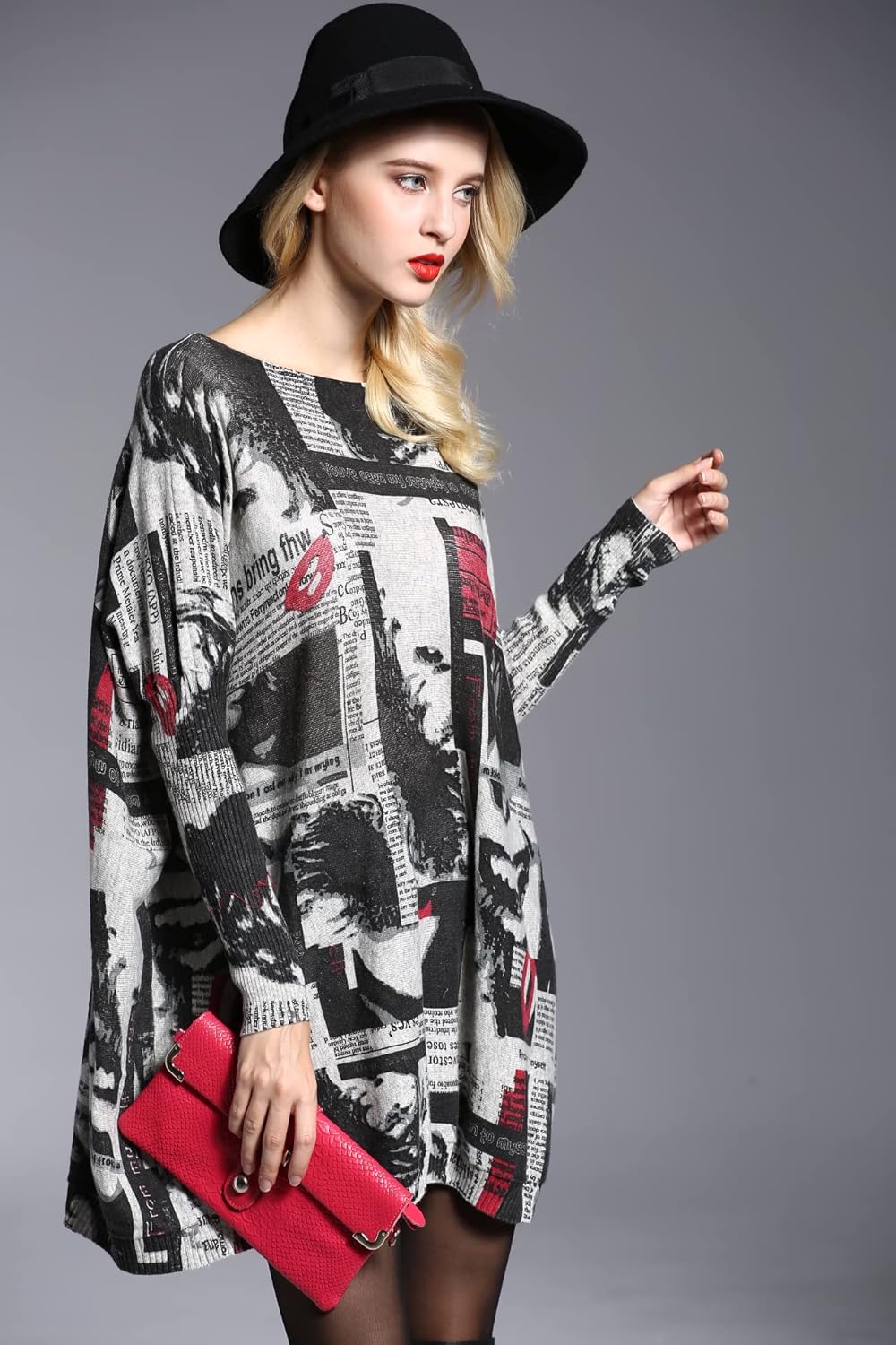 Women Sweater Oversized Newspaper Printing Pullover Sweaters-Crewneck Casual Long Sleeve Knit Top - Image 6