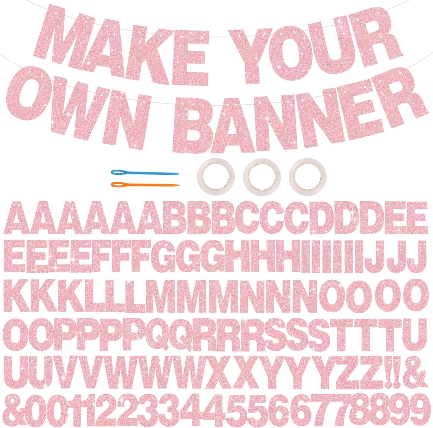 DecoGlee 116 PCS A-Z Glitter Deep Pink DIY Letter Banner Kit Make Your Own Banner，Including 111 Letters and Numbers 3 Rope and 2 Threading Device,for Birthday Graduation Wedding Halloween Party Decor