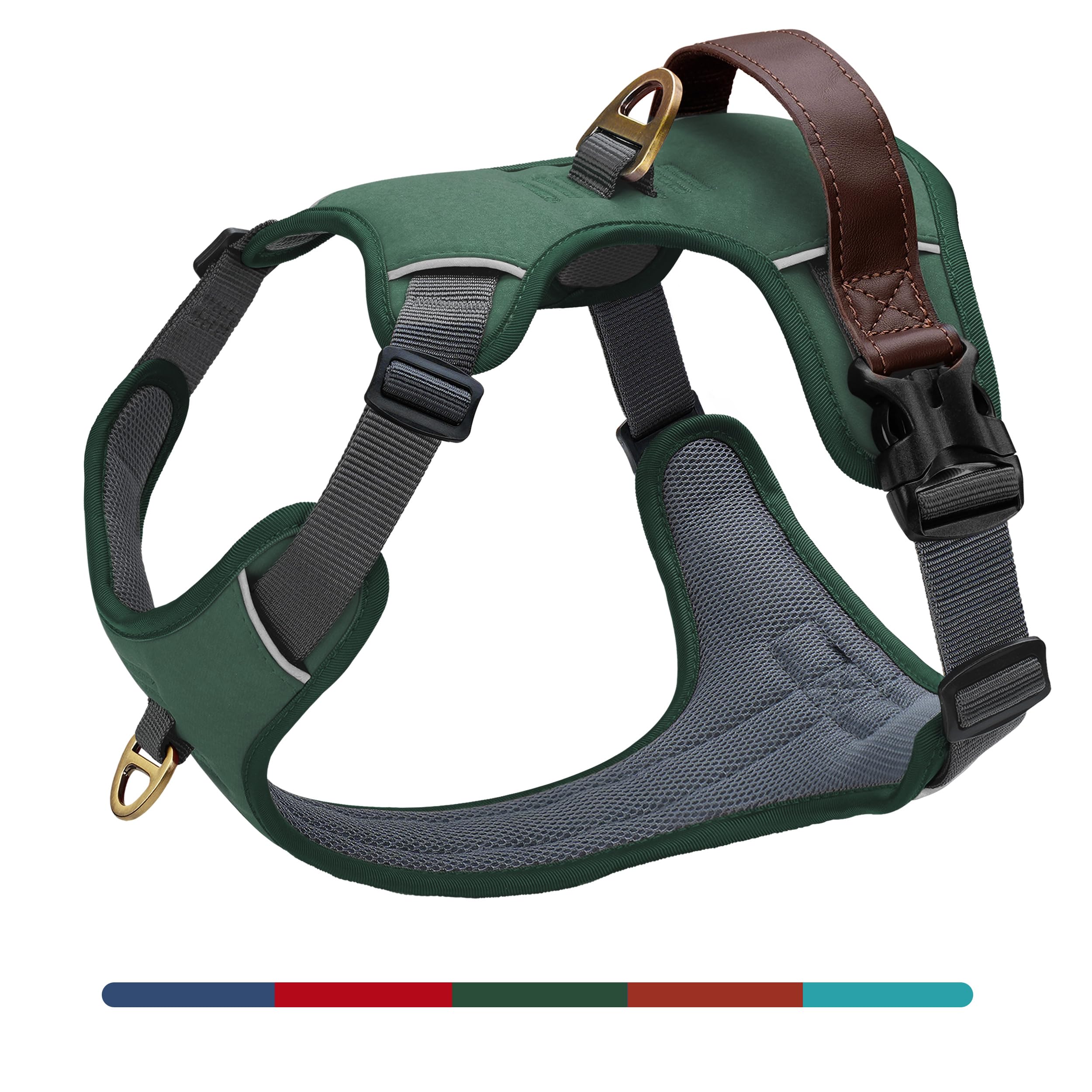No Pull Dog Harness Small Sized Dog,Stylish PU Leather Vest with Easy Control Handle,No Choke Front Clip with 2 Metal Leash Clips,Reflective & Adjustable for Walking,Green,Chest 19-24"