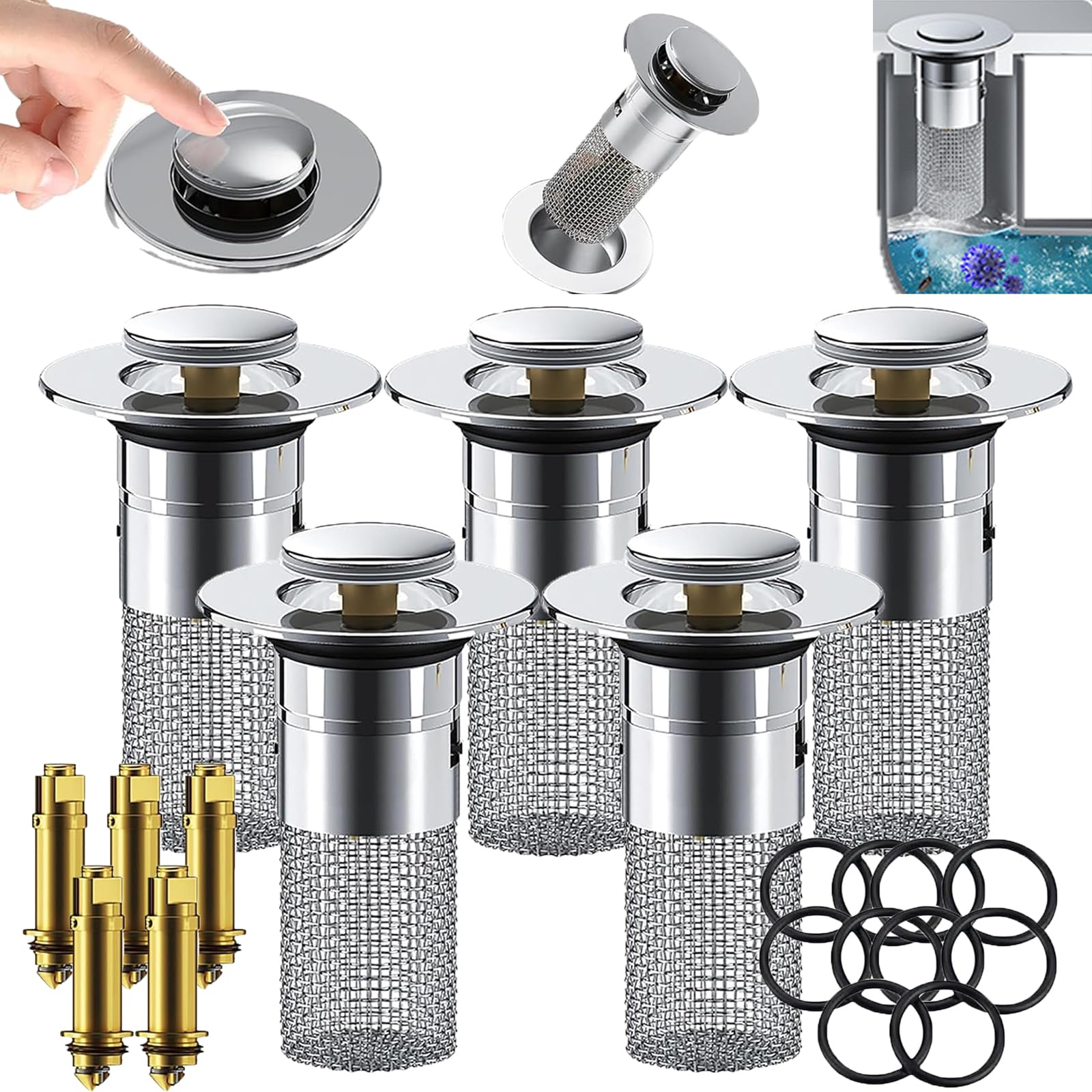 Isolate odor and prevent cockroaches-Stainless Steel Floor Drain Filter,Pop Up Sink Drain Stopper,Bathroom Sink Stopper Hair Catcher,Stainless Steel Basin Drain Filter Sink Strainer with Basket (5PCS)
