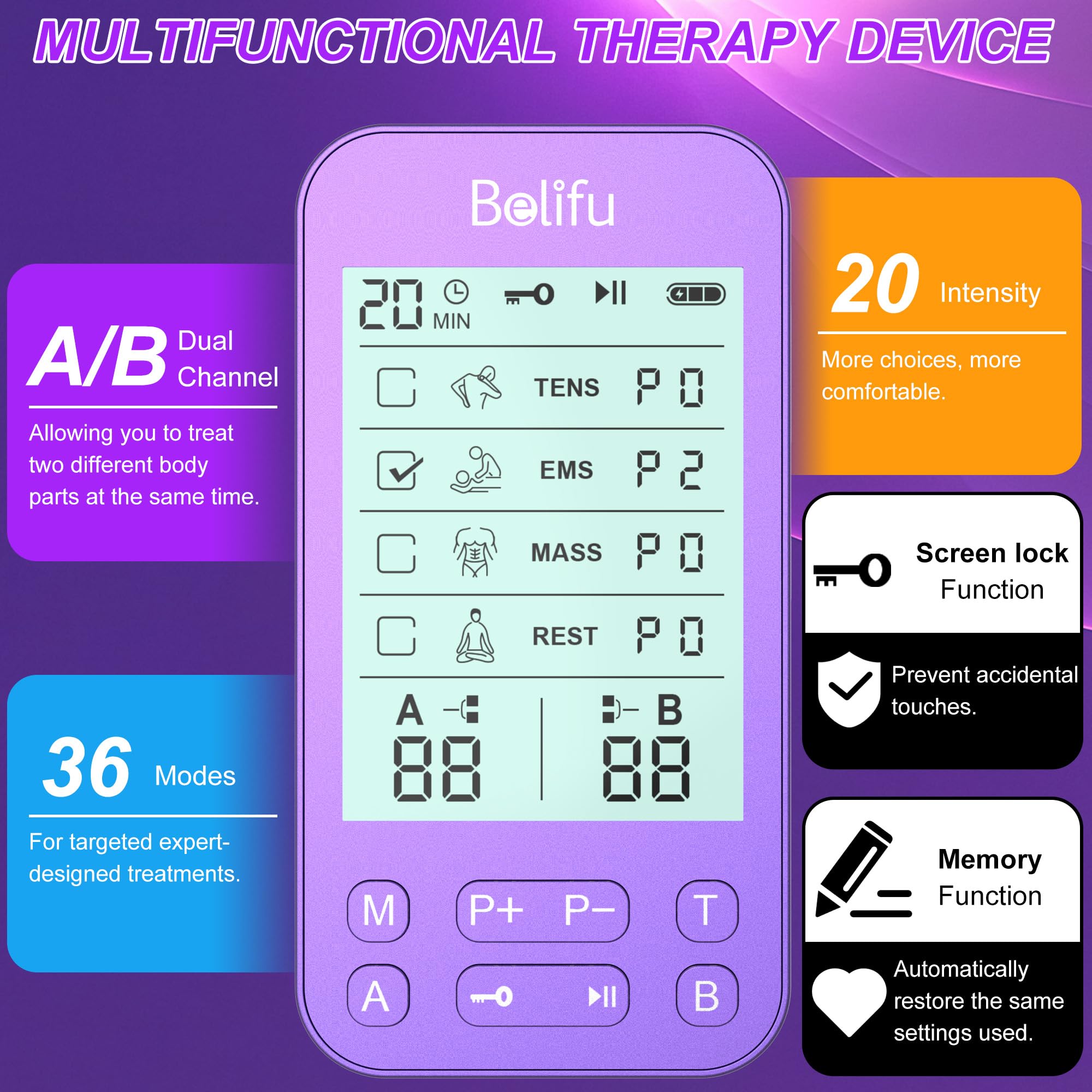 Belifu TENS Muscle Stimulator Unit for Pain Relief, Electronic Pulse Therapy Machine with 36 Mode 20 Intensities, Rechargeable & Portable – Neck, Back, Shoulder, Joint Pain Relief, Color Purple — Amazon image 5