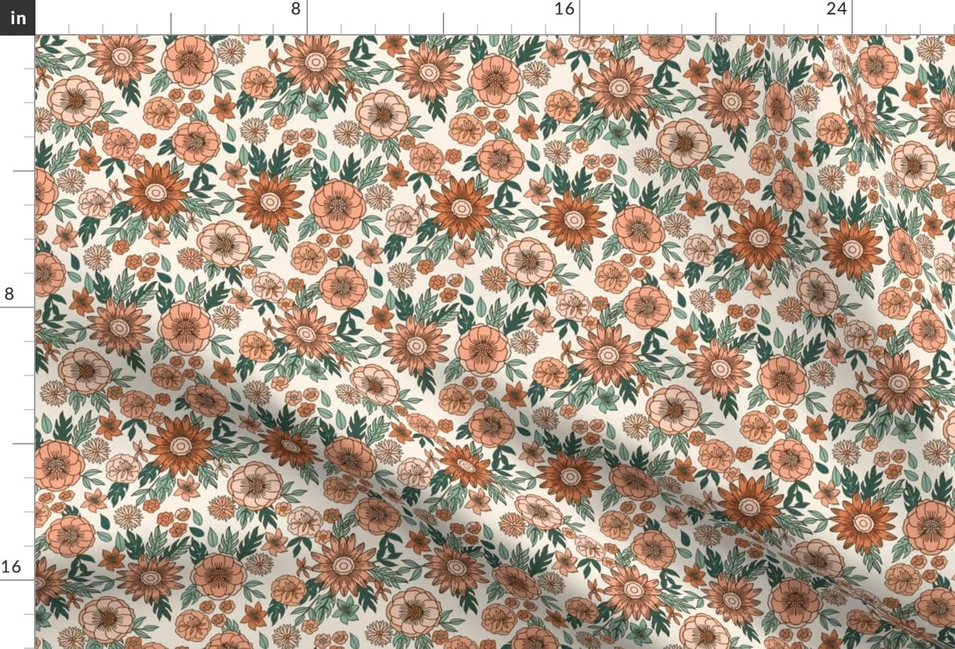 Spoonflower Fabric - Retro Floral Hippie Peach Brown Trendy 70S Printed on Upholstery Velvet Fabric Fat Quarter - Upholstery Home Decor Bottomweight Apparel