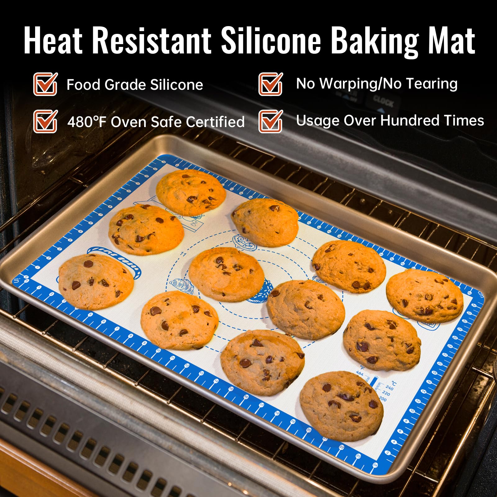 Silikon-Backmatte mit 10 Rezepten, Silikon-Macaron-Backblech für Kekse, Pizza, Surdough, Gebäck, Teig, nicht streichend und 250 °C, ofenfest