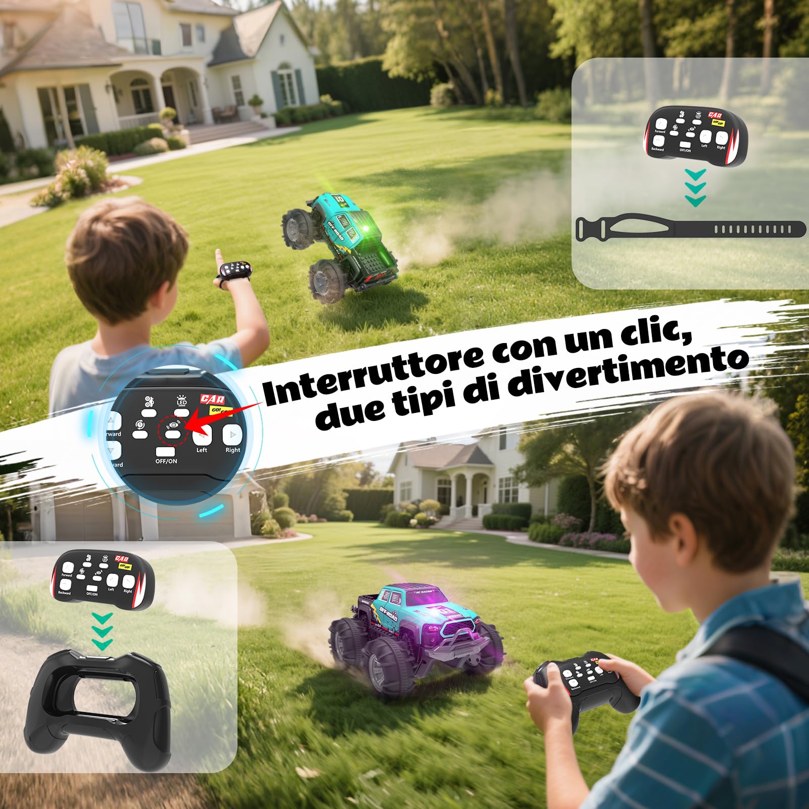 SIVQIKE Auto RC Anfibio 4WD Telecomandata – Macchina Stunt Offroad con Sensore Gesti, Luci LED, 2 Batterie, Giocattolo Impermeabile 4-12 Anni, per Sabbia Acqua e Terreno, Compatibile Mattoncini
